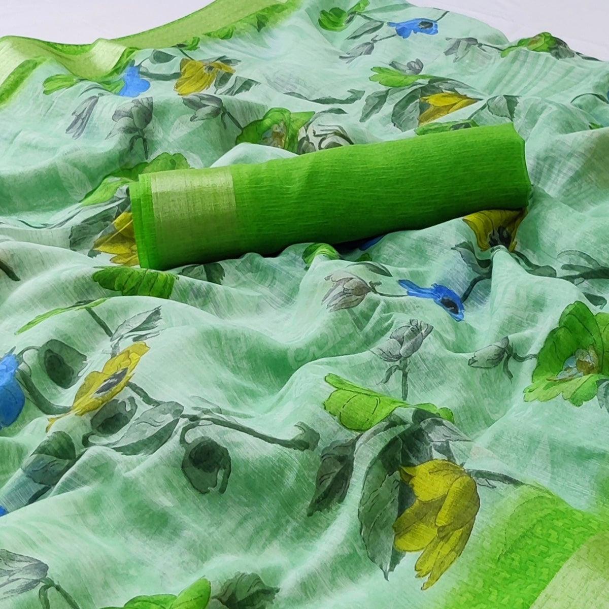 Sea Green Printed Linen Saree - Peachmode