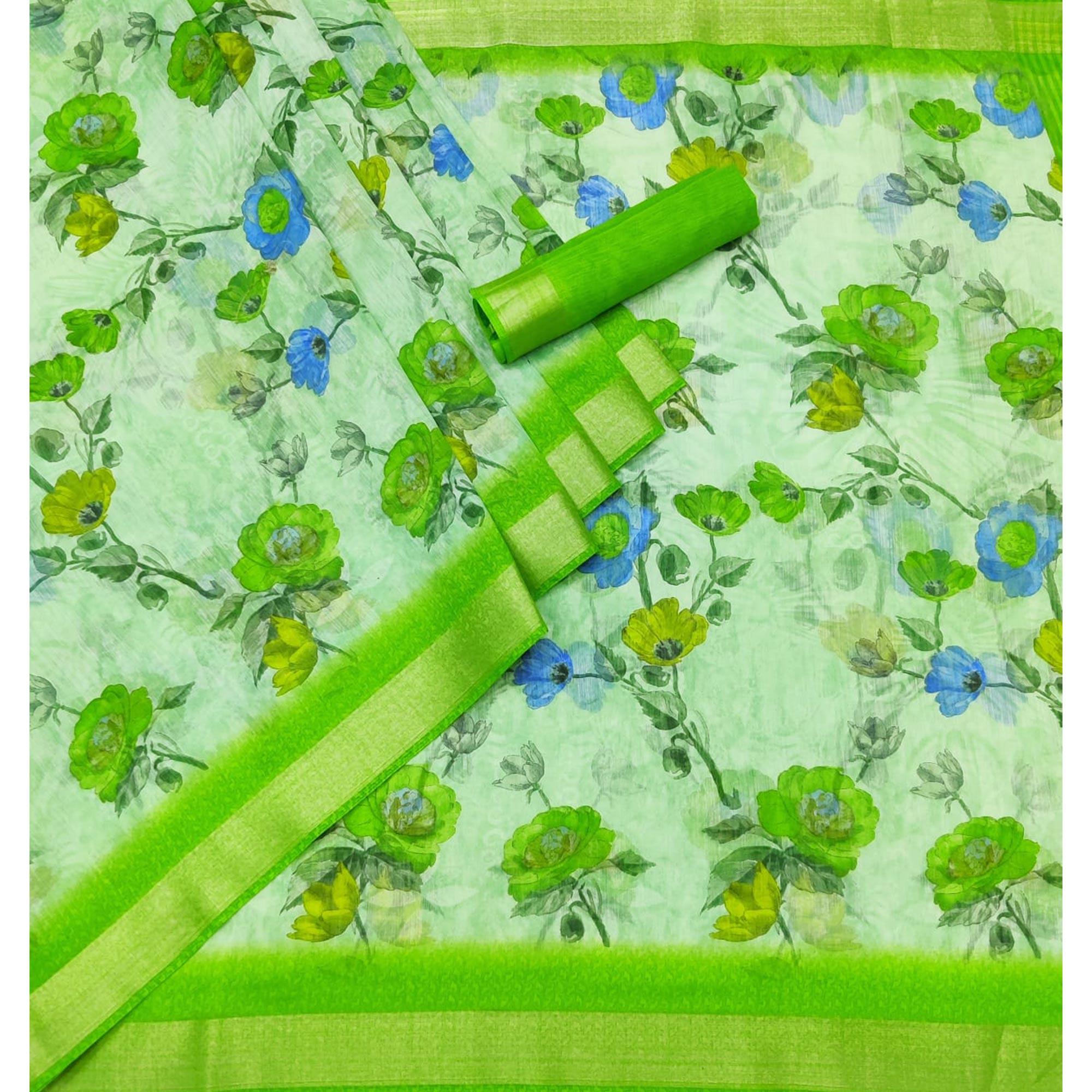 Sea Green Printed Linen Saree - Peachmode