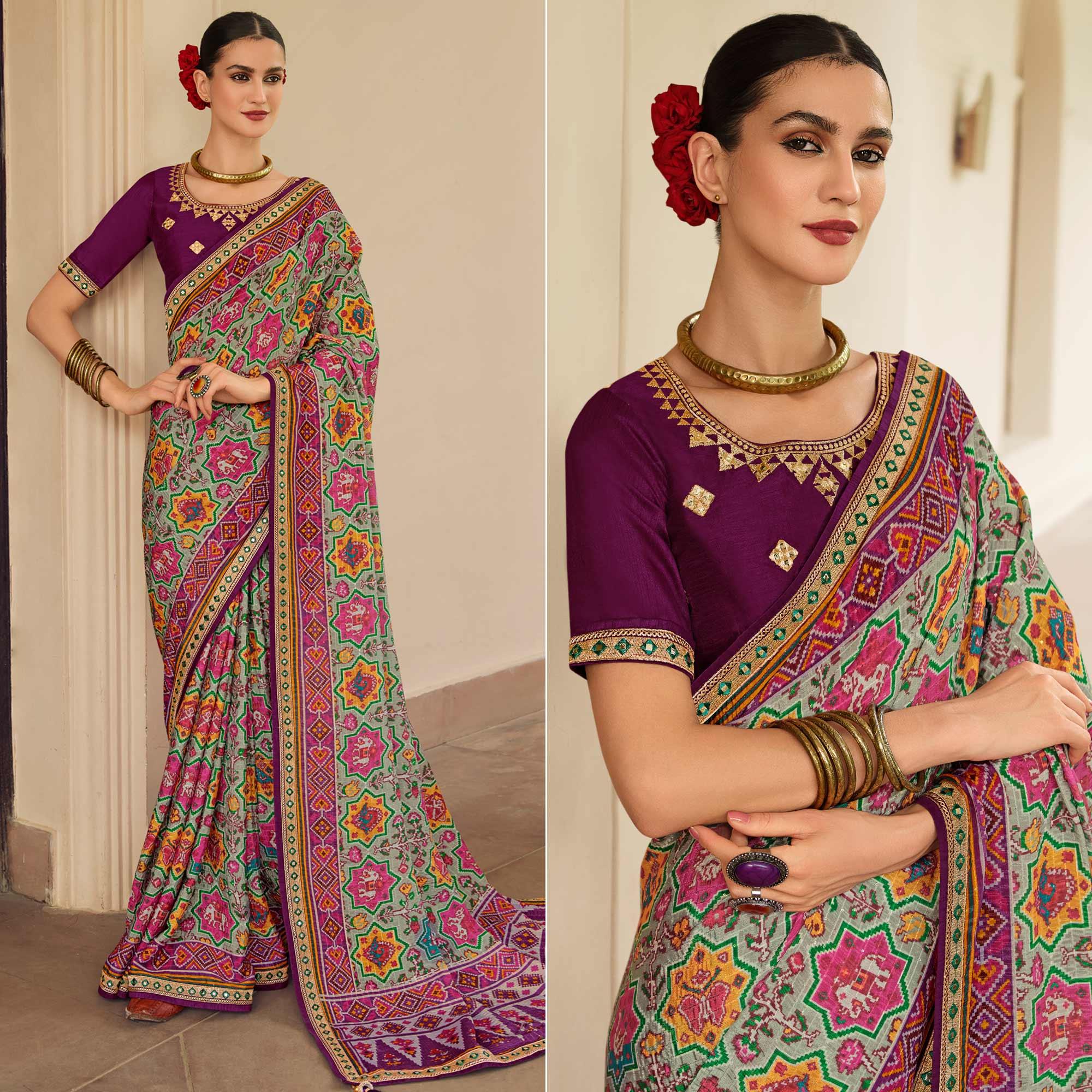 Sea-Green Printed With Embellished Chiffon Saree With Tassels - Peachmode