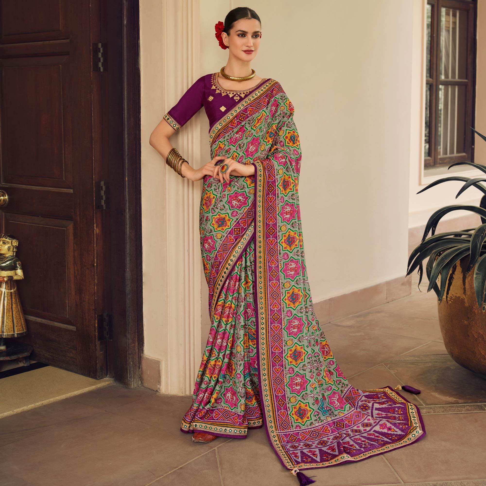 Sea-Green Printed With Embellished Chiffon Saree With Tassels - Peachmode