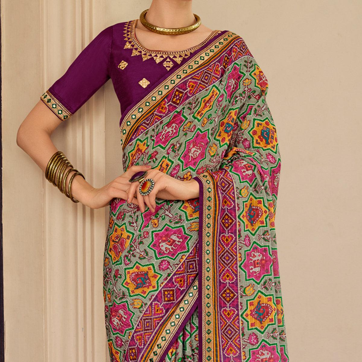 Sea-Green Printed With Embellished Chiffon Saree With Tassels - Peachmode