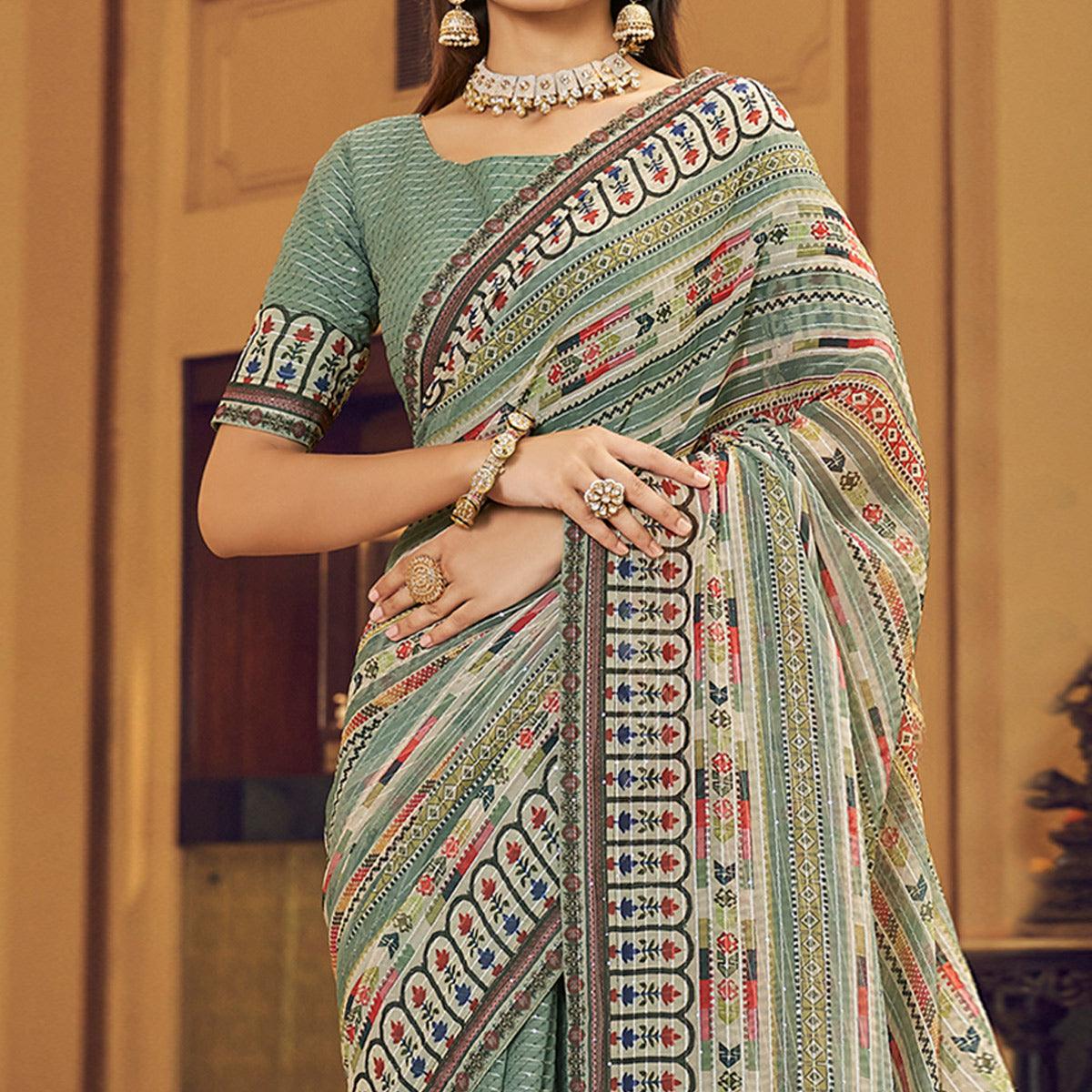Sea Green Printed With Embellished Georgette Half and Half Saree - Peachmode