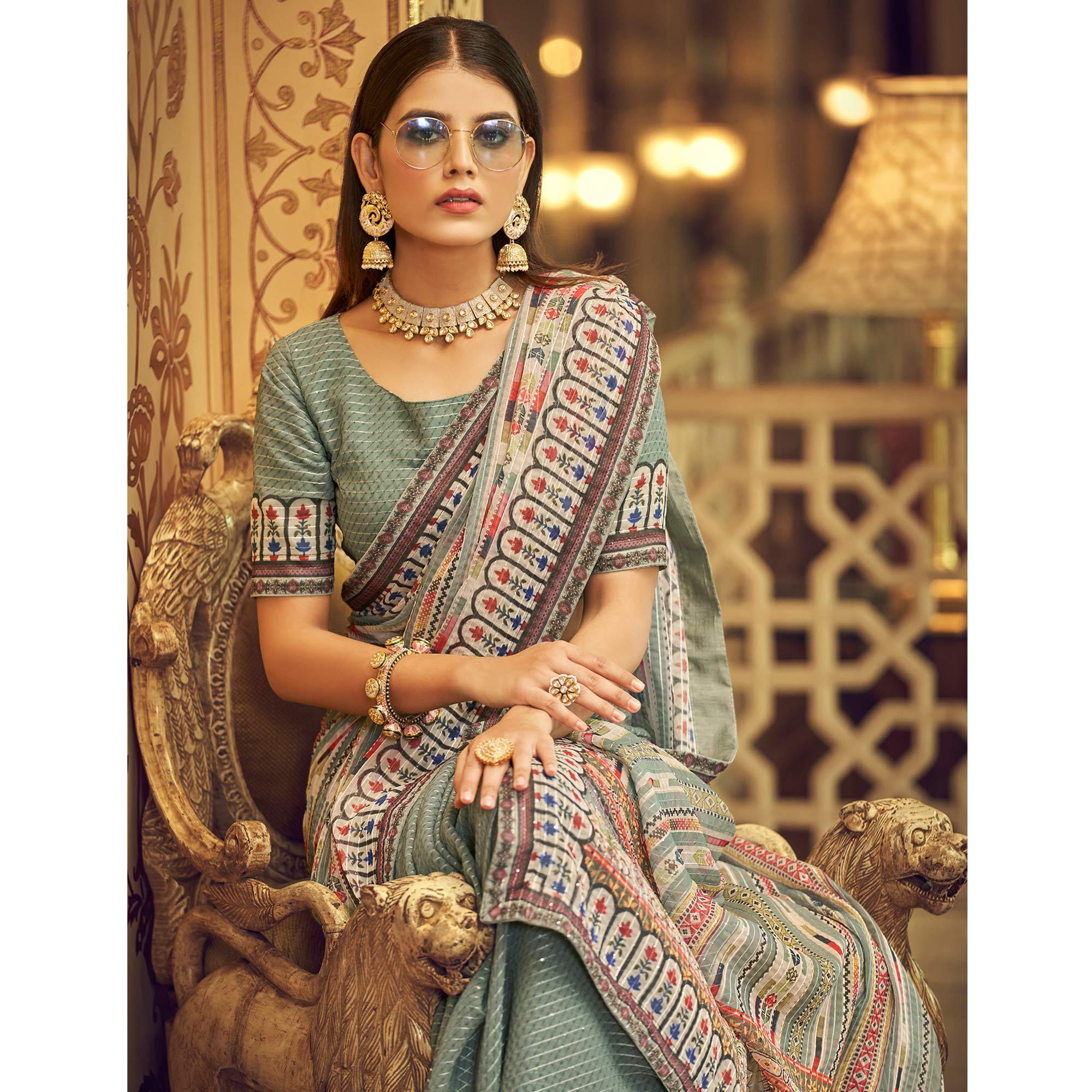 Sea Green Printed With Embellished Georgette Half and Half Saree - Peachmode