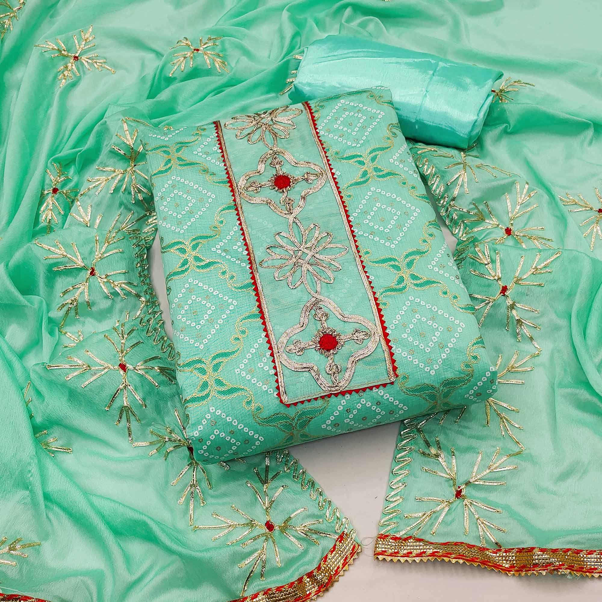 Sea Green Printed With Embroidered Poly Cotton Dress Material - Peachmode