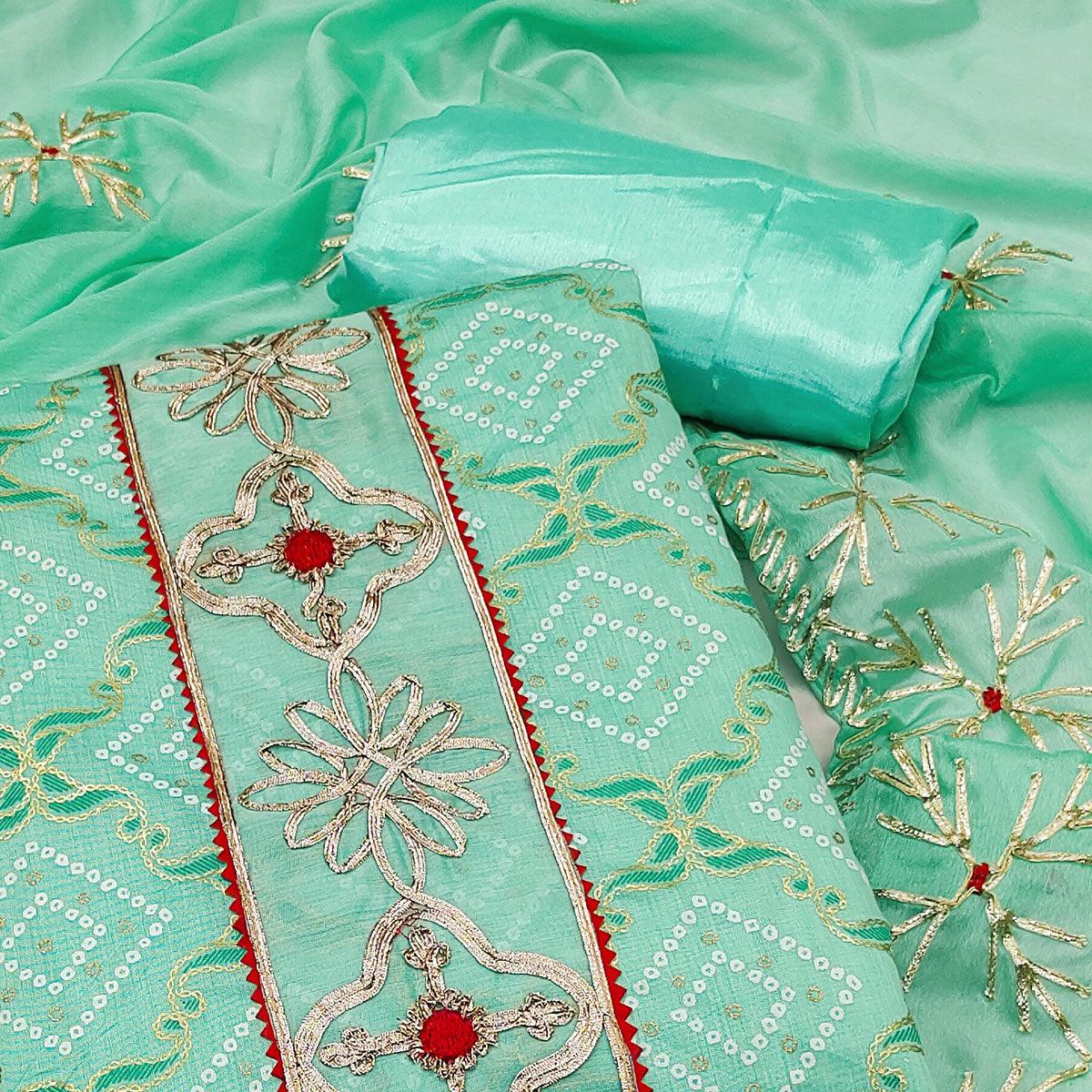 Sea Green Printed With Embroidered Poly Cotton Dress Material - Peachmode