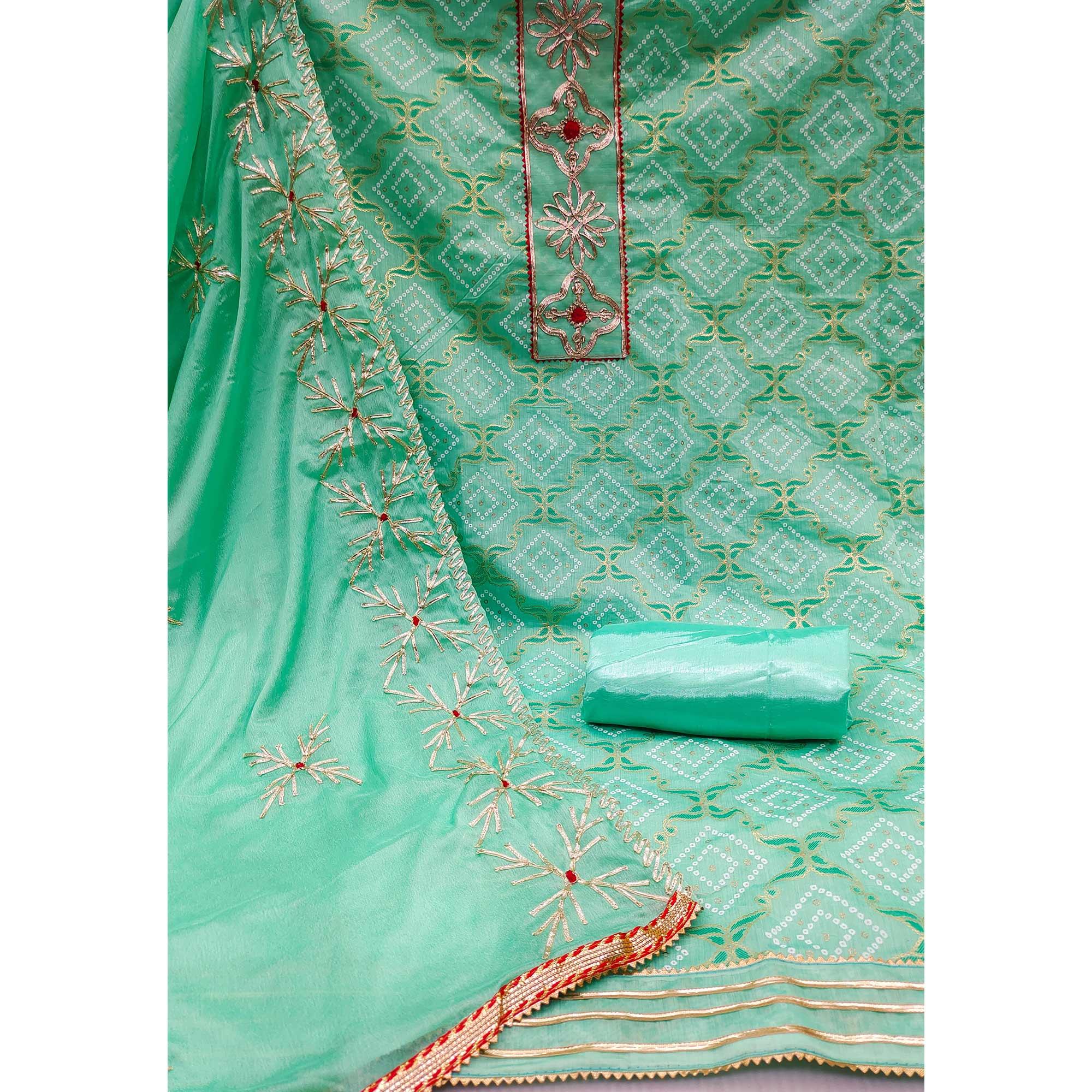 Sea Green Printed With Embroidered Poly Cotton Dress Material - Peachmode