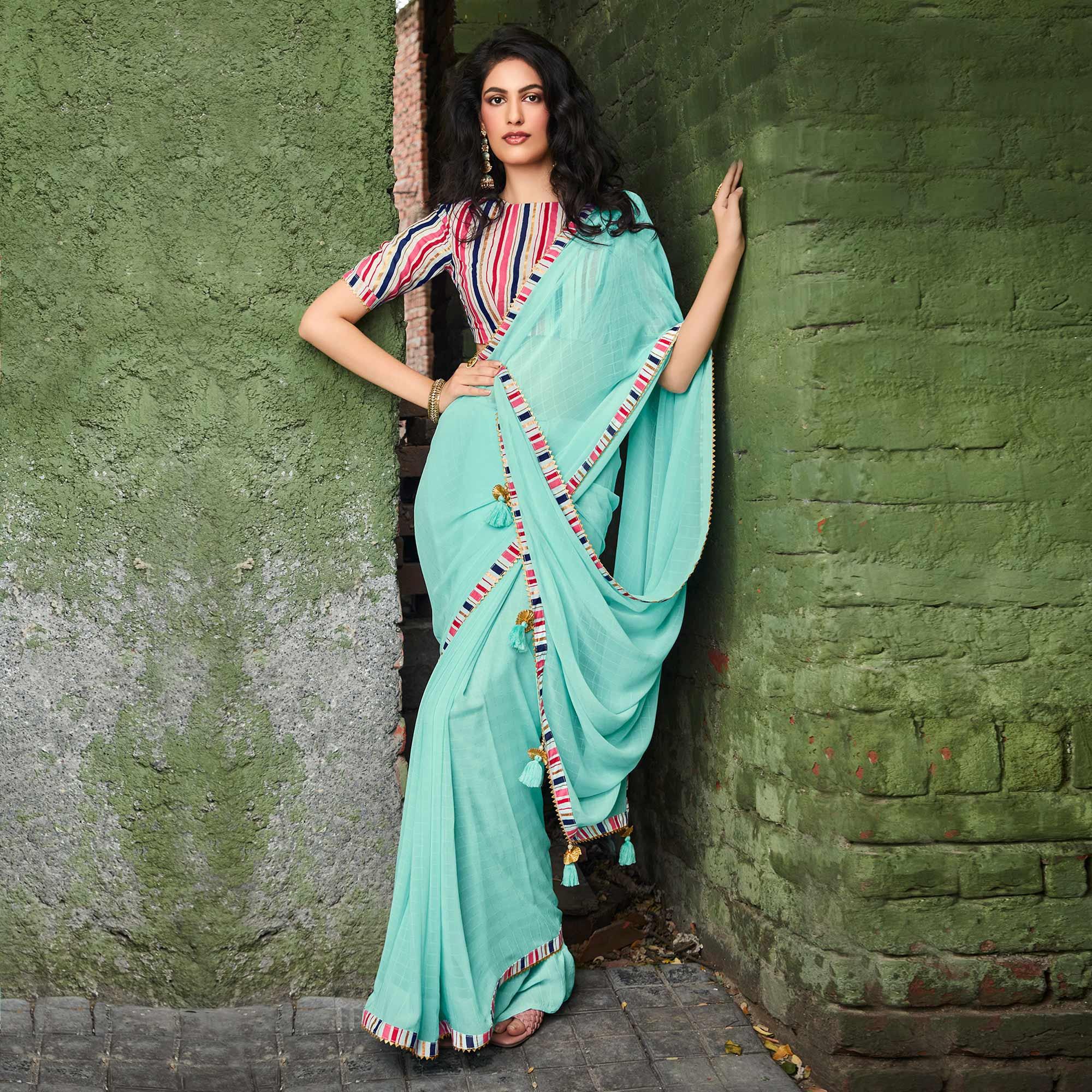 Sea Green Printed With Gota Patti Border Georgette Saree - Peachmode
