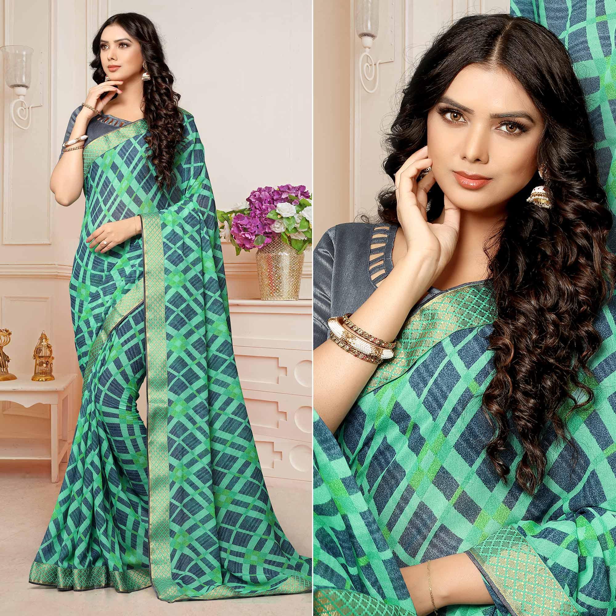 Sea Green Printed With Woven Border Georgette Saree - Peachmode
