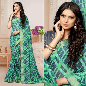 Sea Green Printed With Woven Border Georgette Saree - Peachmode