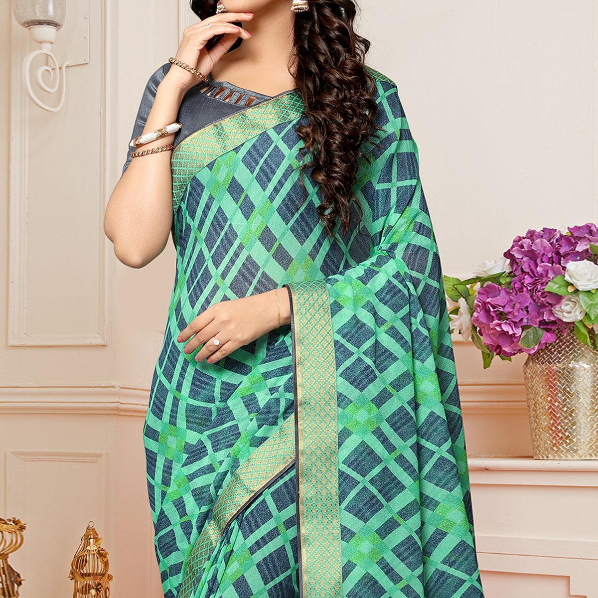Sea Green Printed With Woven Border Georgette Saree - Peachmode