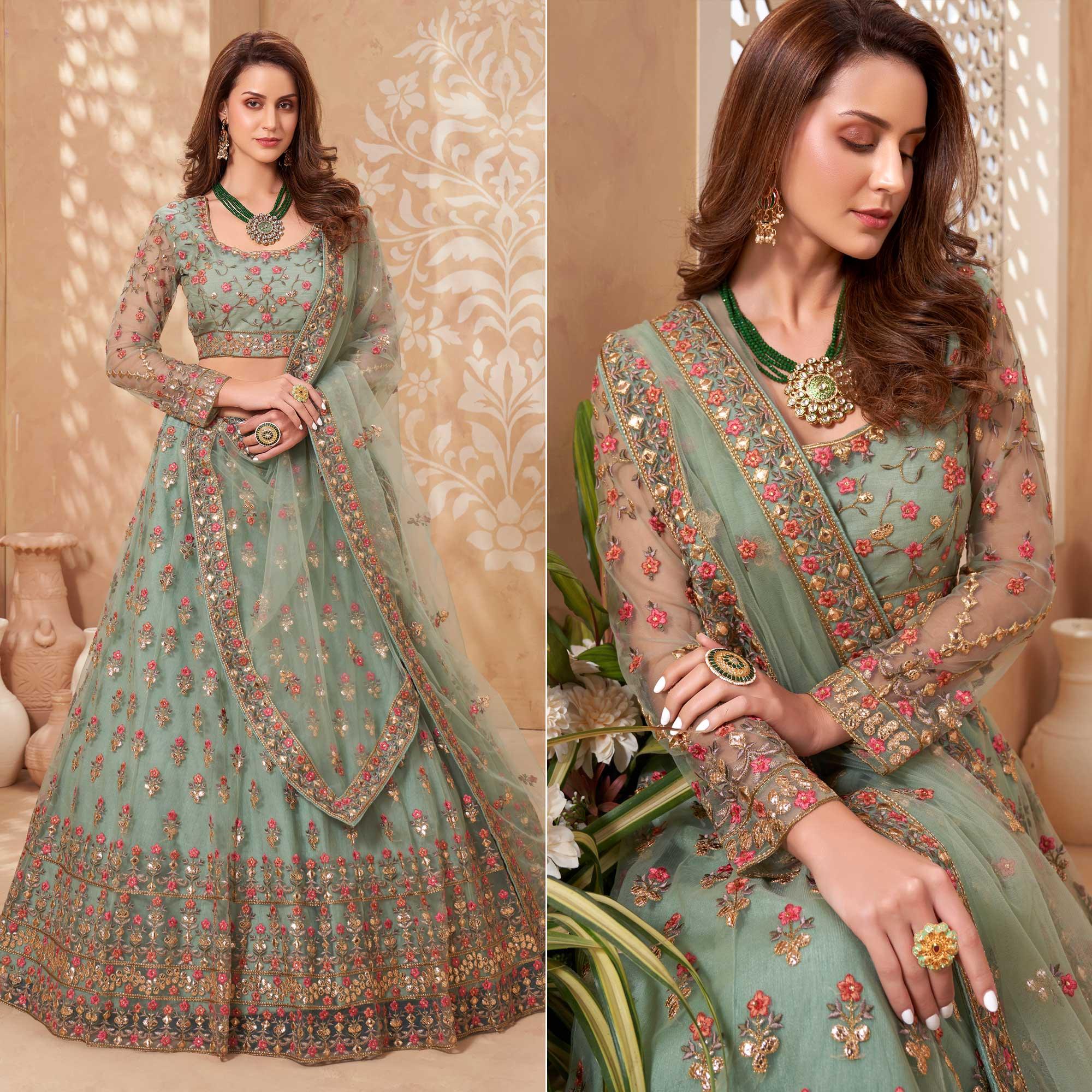 Sea Green Sequence Floral Embroidered Net Lehenga Choli - Peachmode