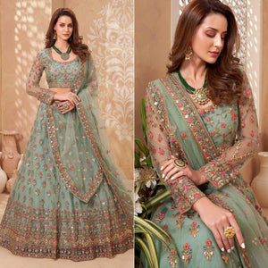 Sea Green Sequence Floral Embroidered Net Lehenga Choli - Peachmode