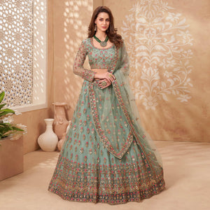 Sea Green Sequence Floral Embroidered Net Lehenga Choli - Peachmode