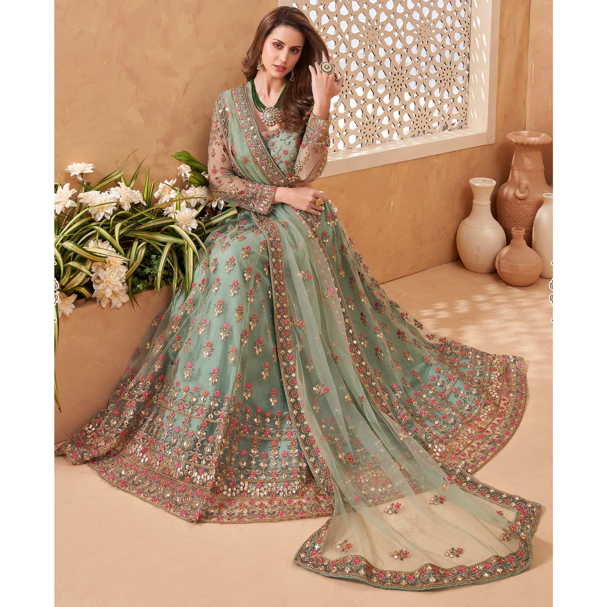 Sea Green Sequence Floral Embroidered Net Lehenga Choli - Peachmode