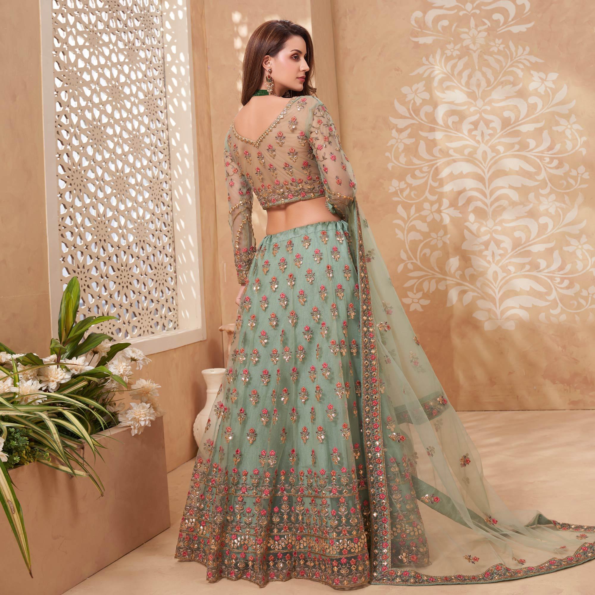 Sea Green Sequence Floral Embroidered Net Lehenga Choli - Peachmode