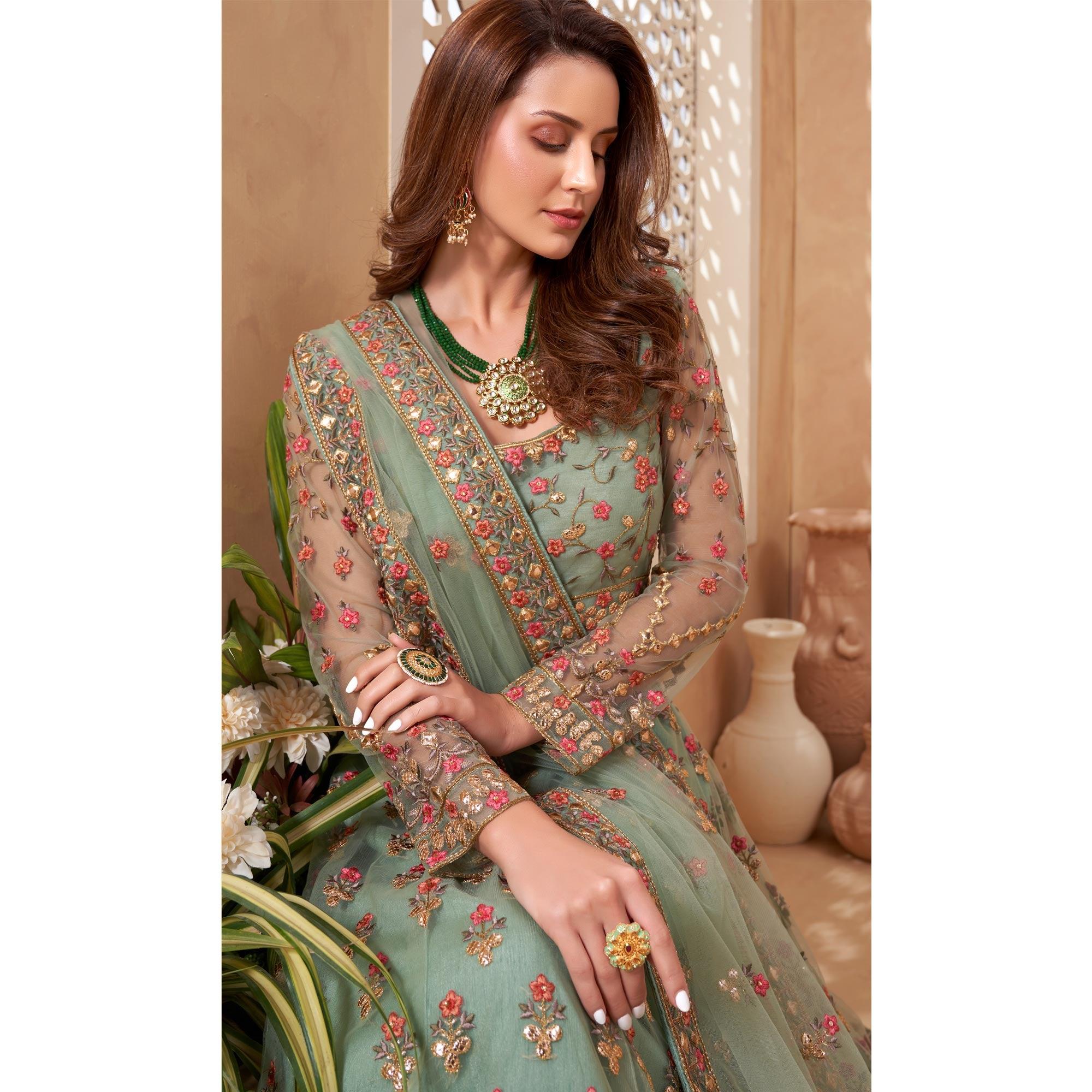 Sea Green Sequence Floral Embroidered Net Lehenga Choli - Peachmode