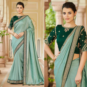 Sea Green Sequence With swarovski Work Vichitra Silk Saree - Peachmode