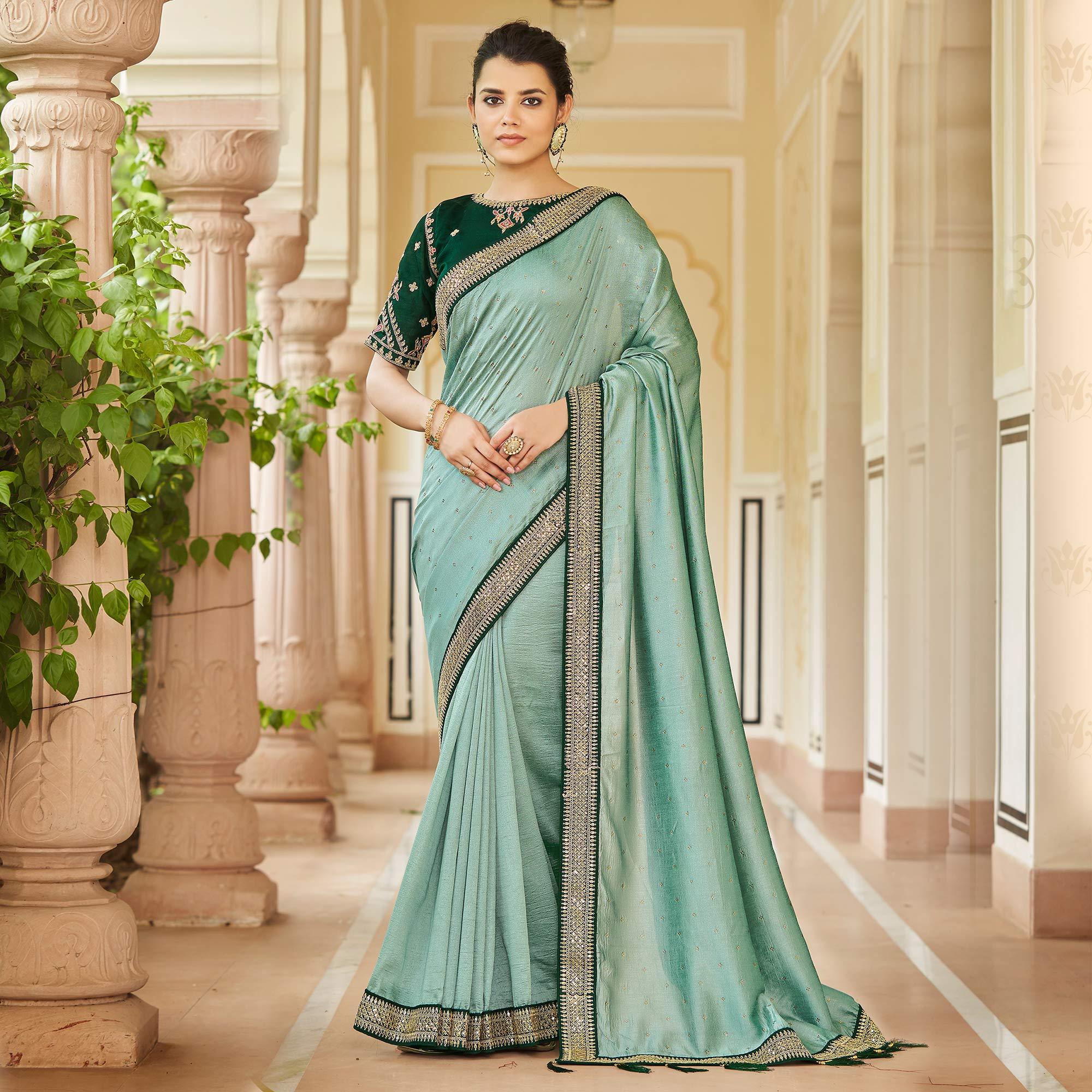 Sea Green Sequence With swarovski Work Vichitra Silk Saree - Peachmode