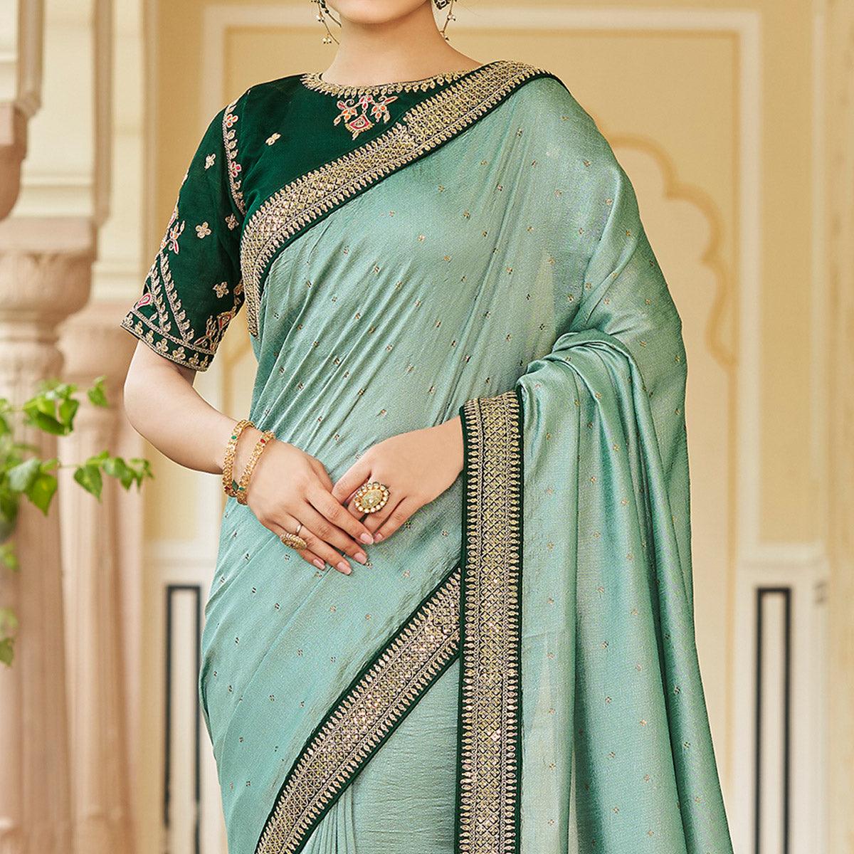 Sea Green Sequence With swarovski Work Vichitra Silk Saree - Peachmode