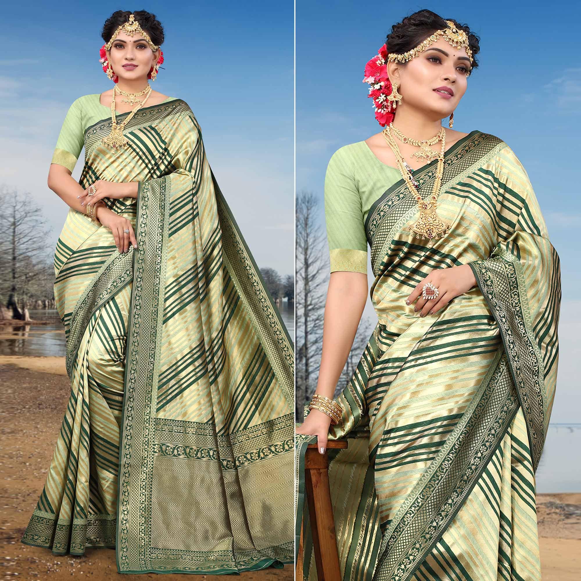 Sea Green Stripe Printed Pure Silk Saree - Peachmode