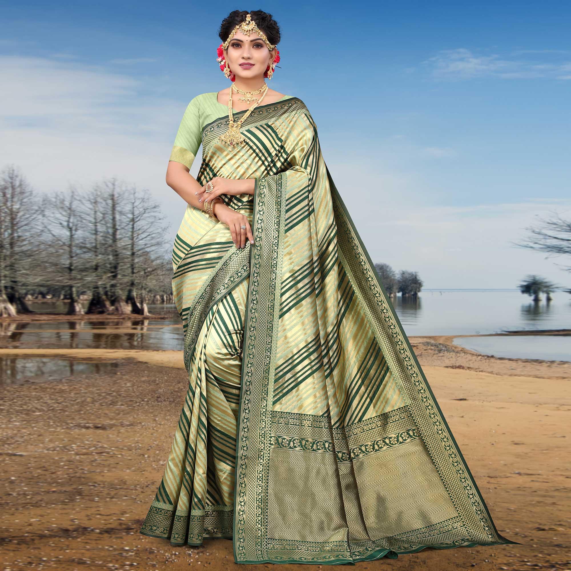 Sea Green Stripe Printed Pure Silk Saree - Peachmode
