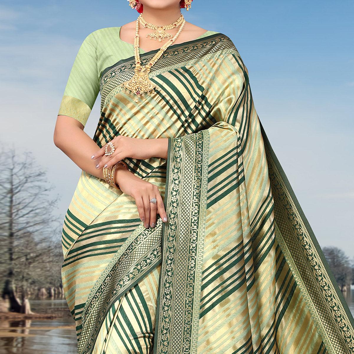 Sea Green Stripe Printed Pure Silk Saree - Peachmode