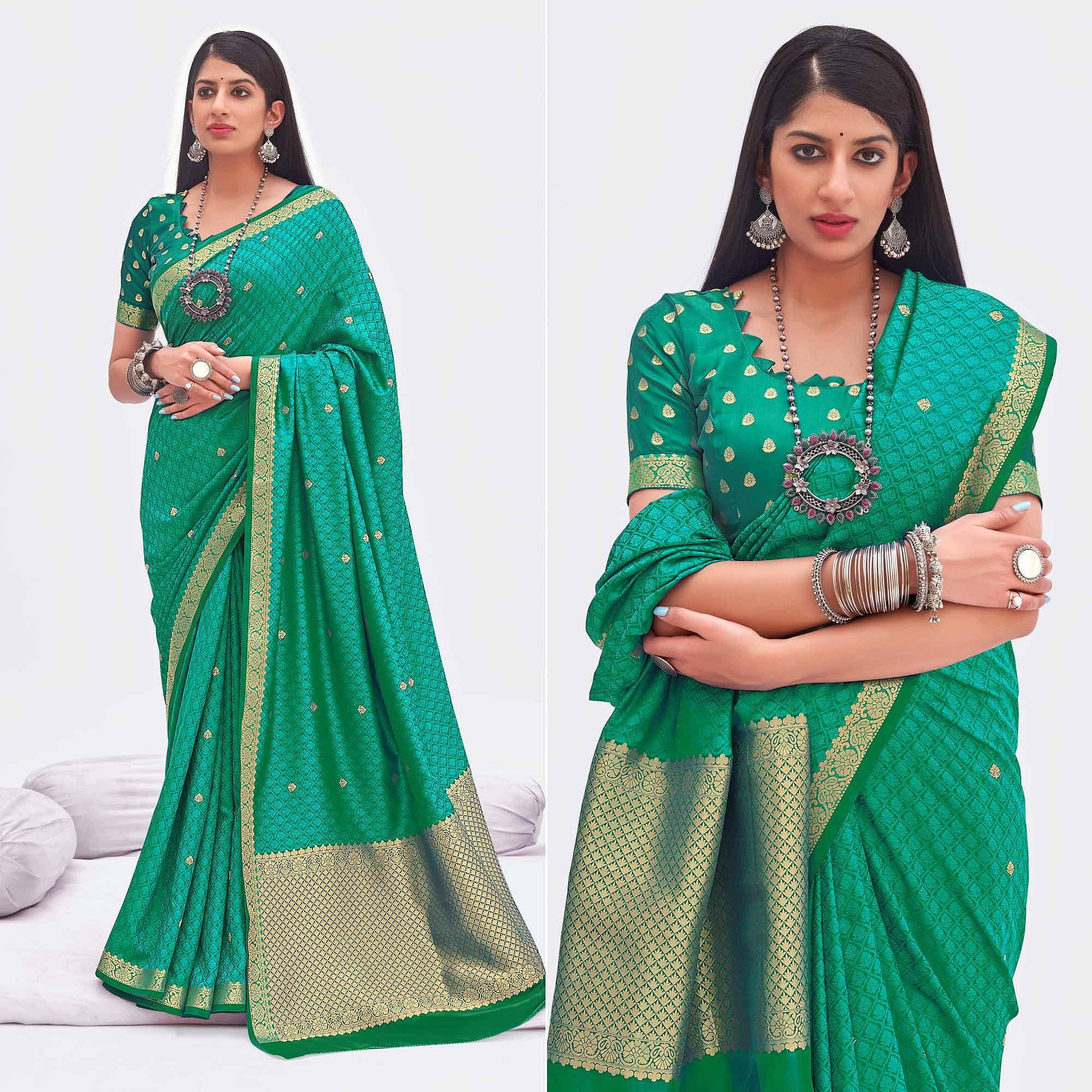 Sea Green Woven Banarasi Silk Saree - Peachmode