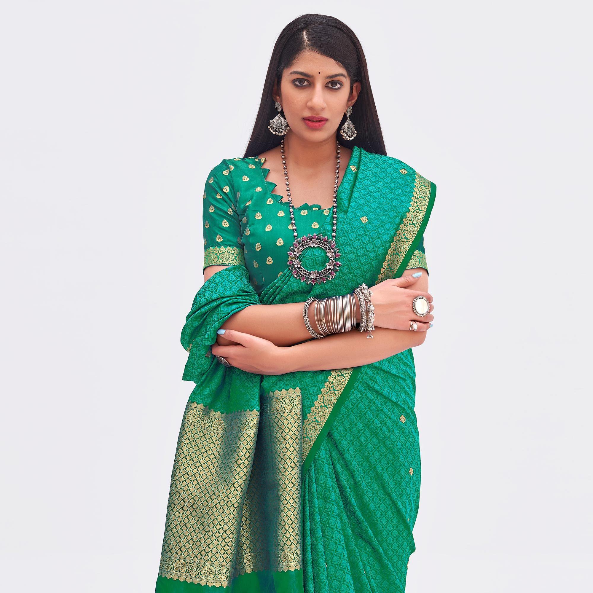 Sea Green Woven Banarasi Silk Saree - Peachmode
