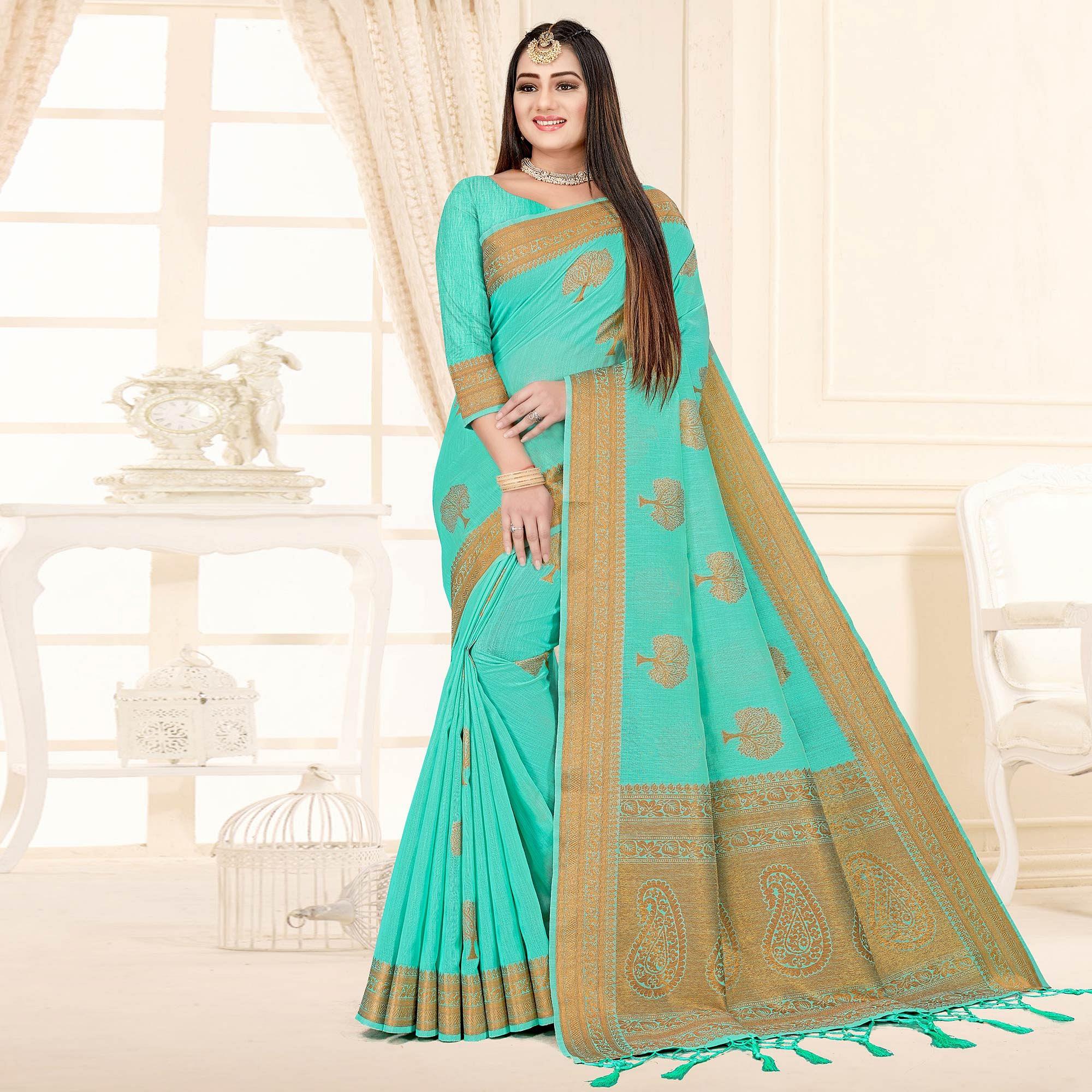 Sea Green Woven Cotton Silk Saree - Peachmode