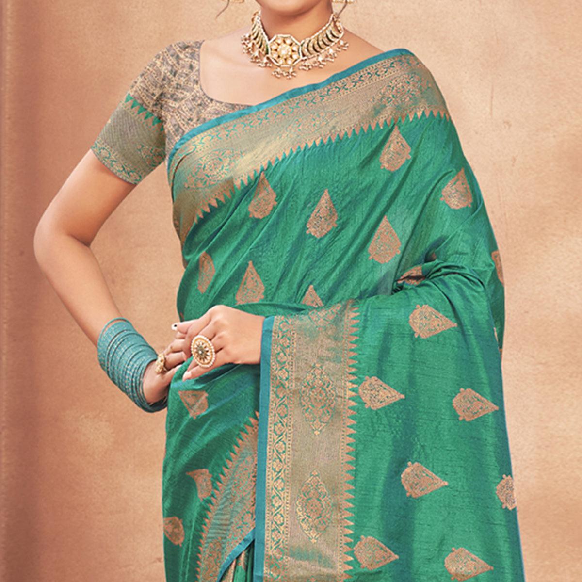 Sea Green Woven Cotton Silk Saree - Peachmode