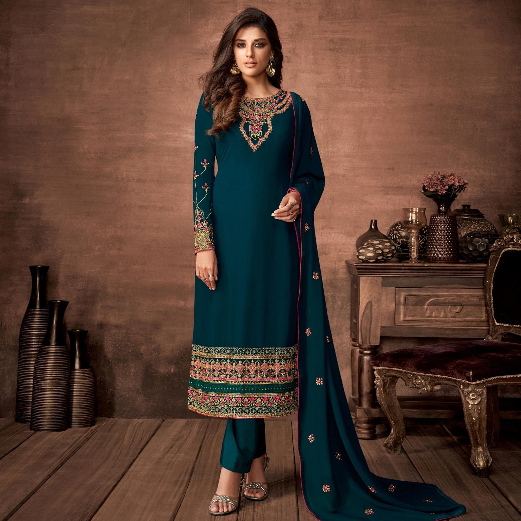 Sea Green Woven Georgette Straight Partywear Suit - Peachmode