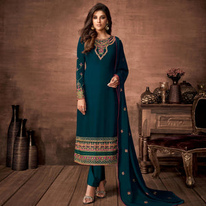 Sea Green Woven Georgette Straight Partywear Suit - Peachmode