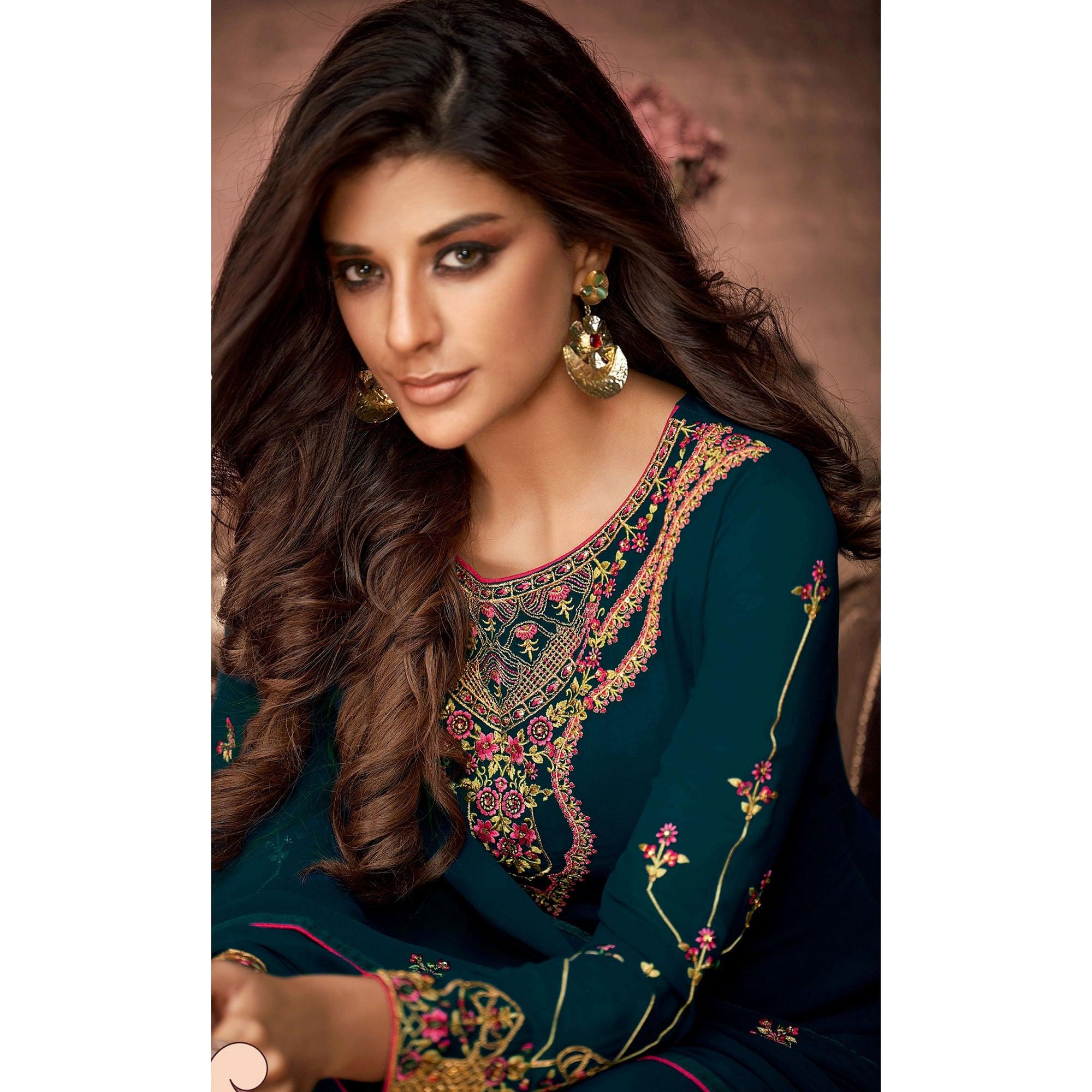 Sea Green Woven Georgette Straight Partywear Suit - Peachmode