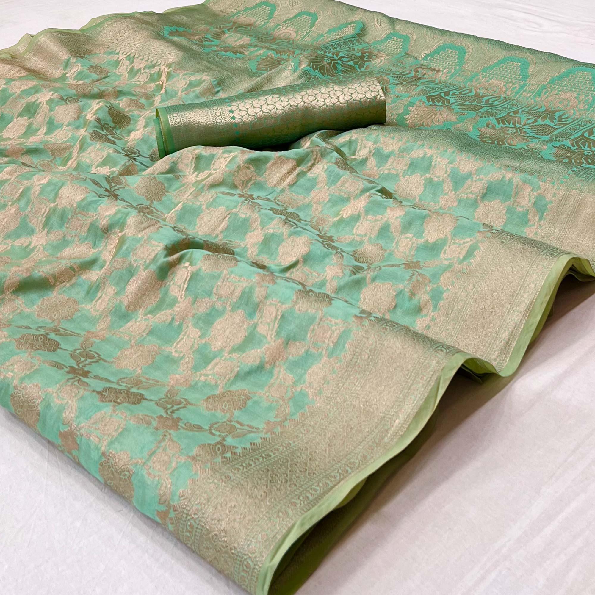 Sea Green Woven Organza Saree - Peachmode