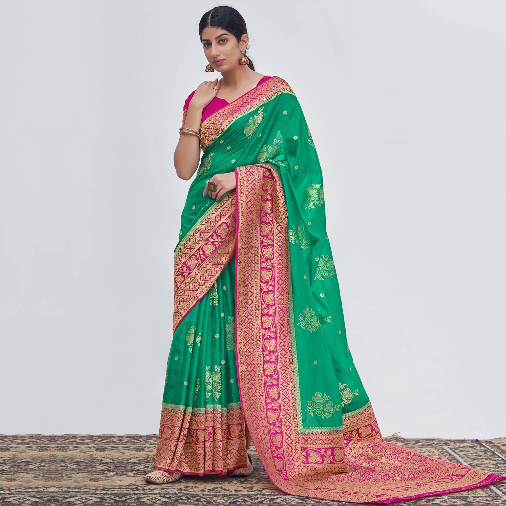 Sea Green Woven Organza Saree - Peachmode