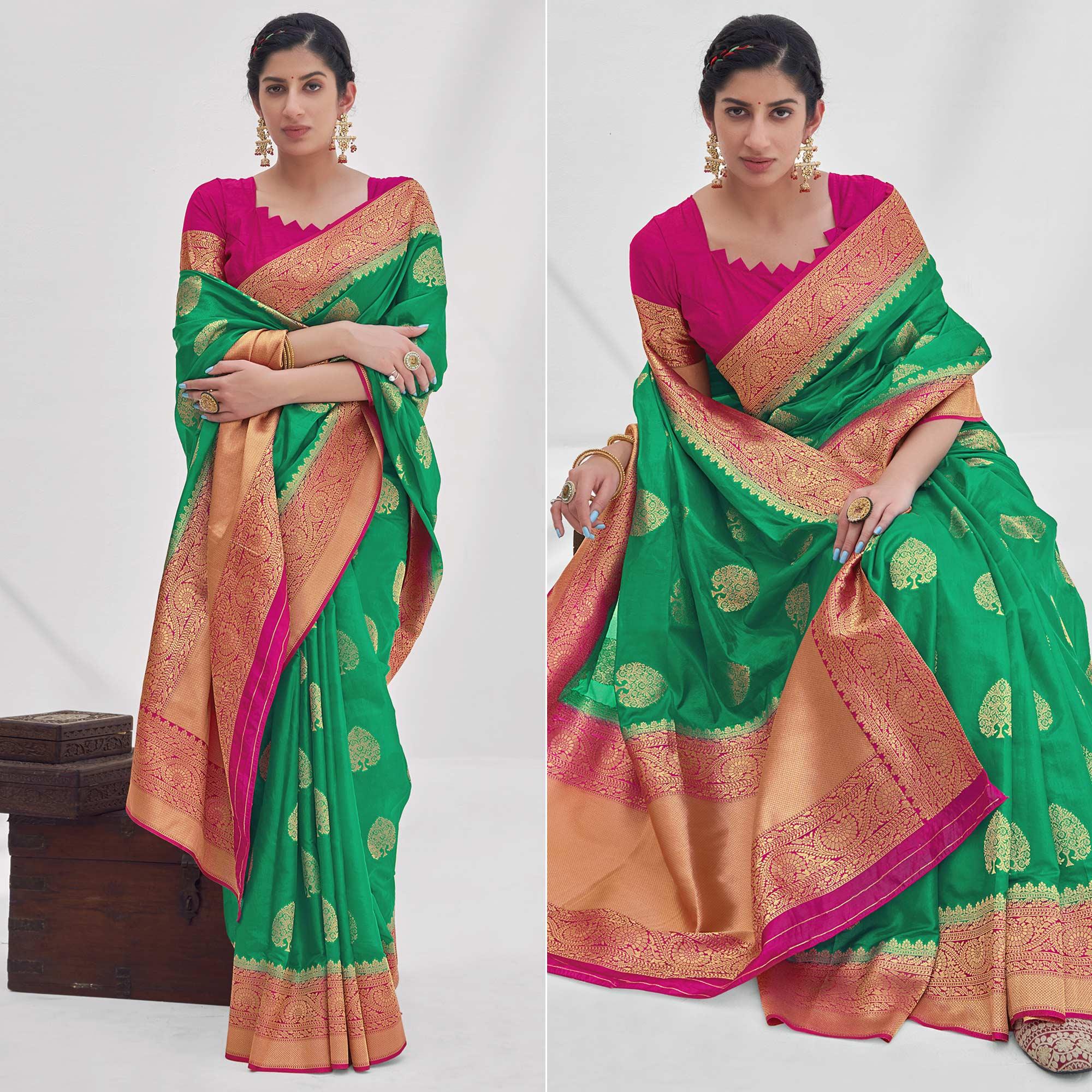 Sea Green Woven Organza Saree - Peachmode