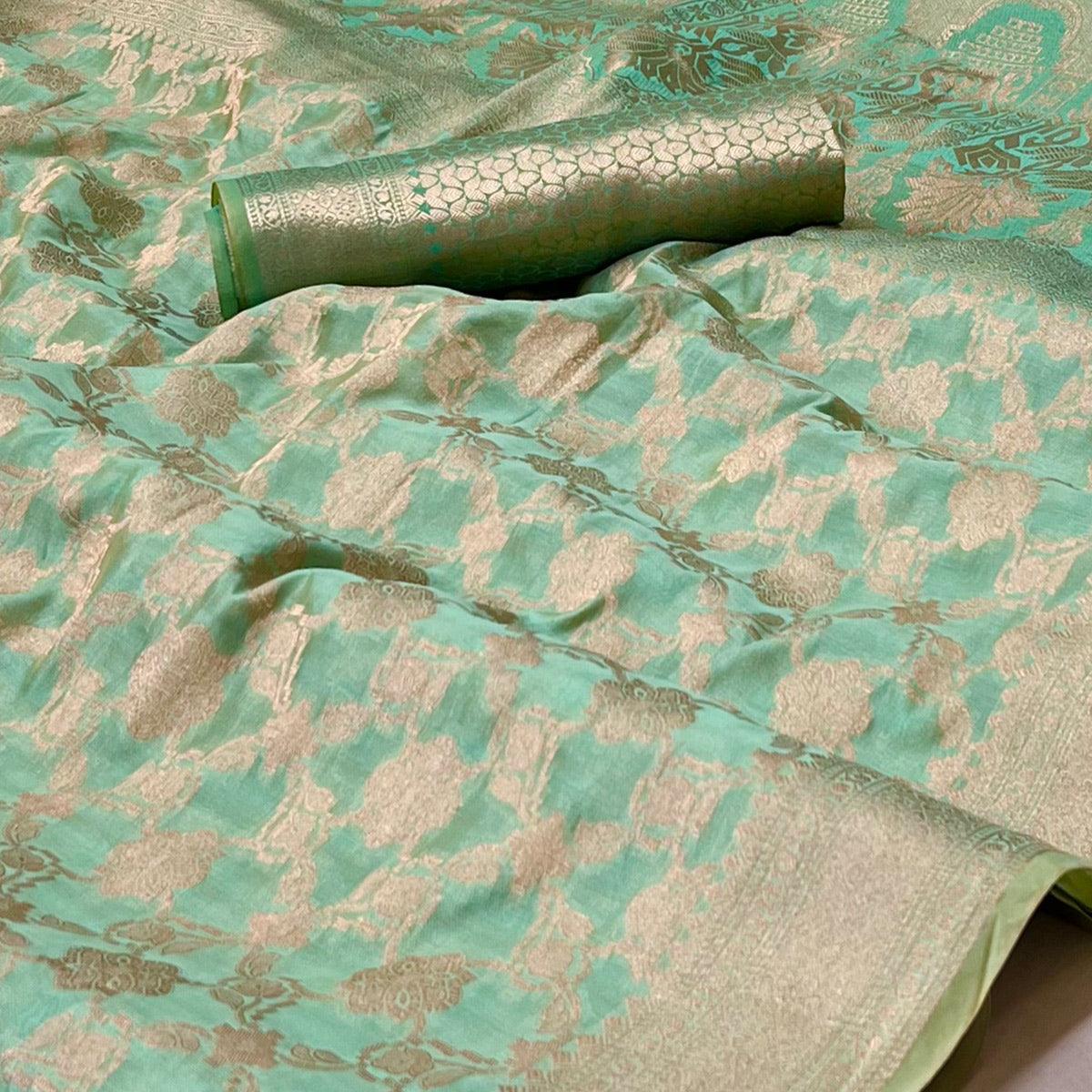 Sea Green Woven Organza Saree - Peachmode