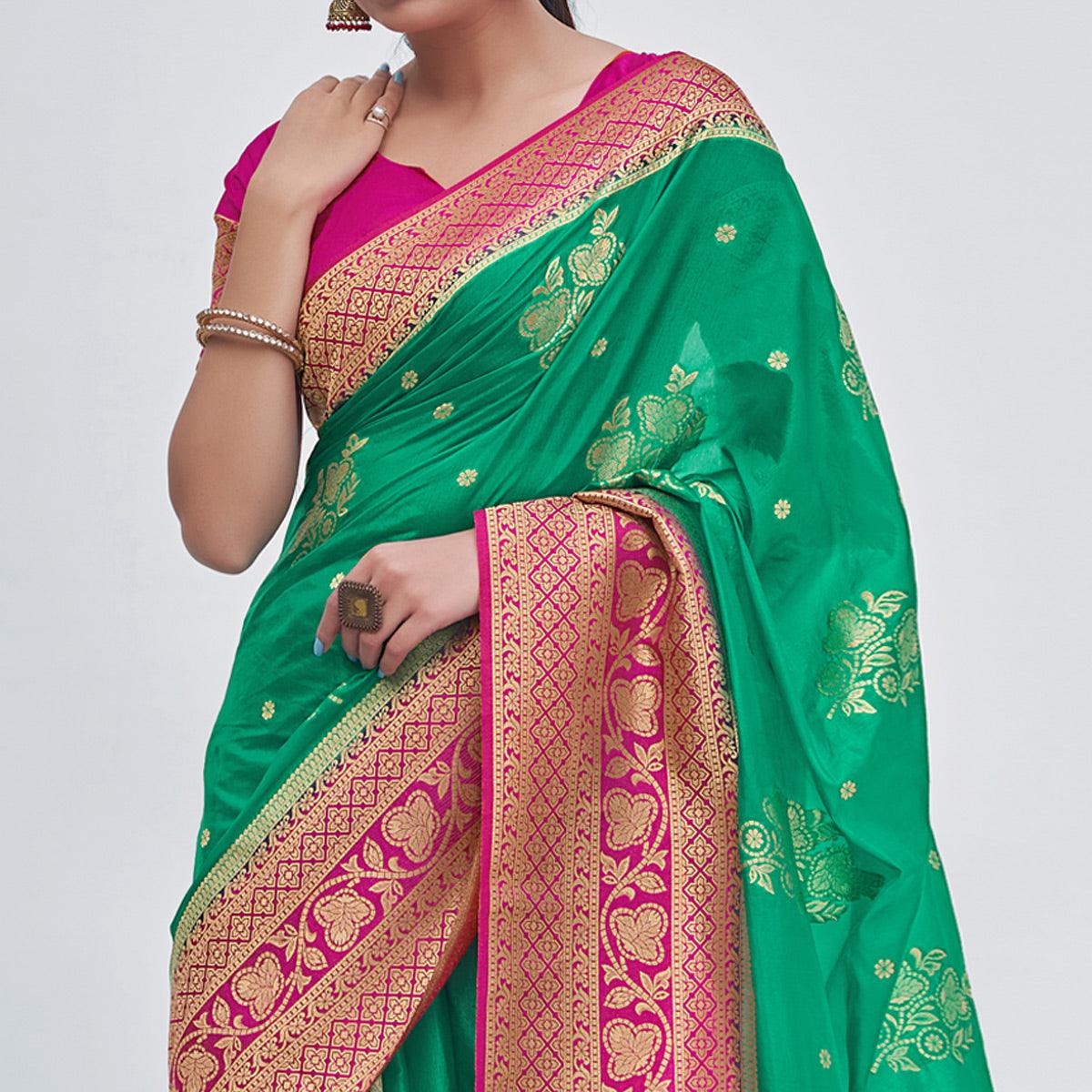 Sea Green Woven Organza Saree - Peachmode