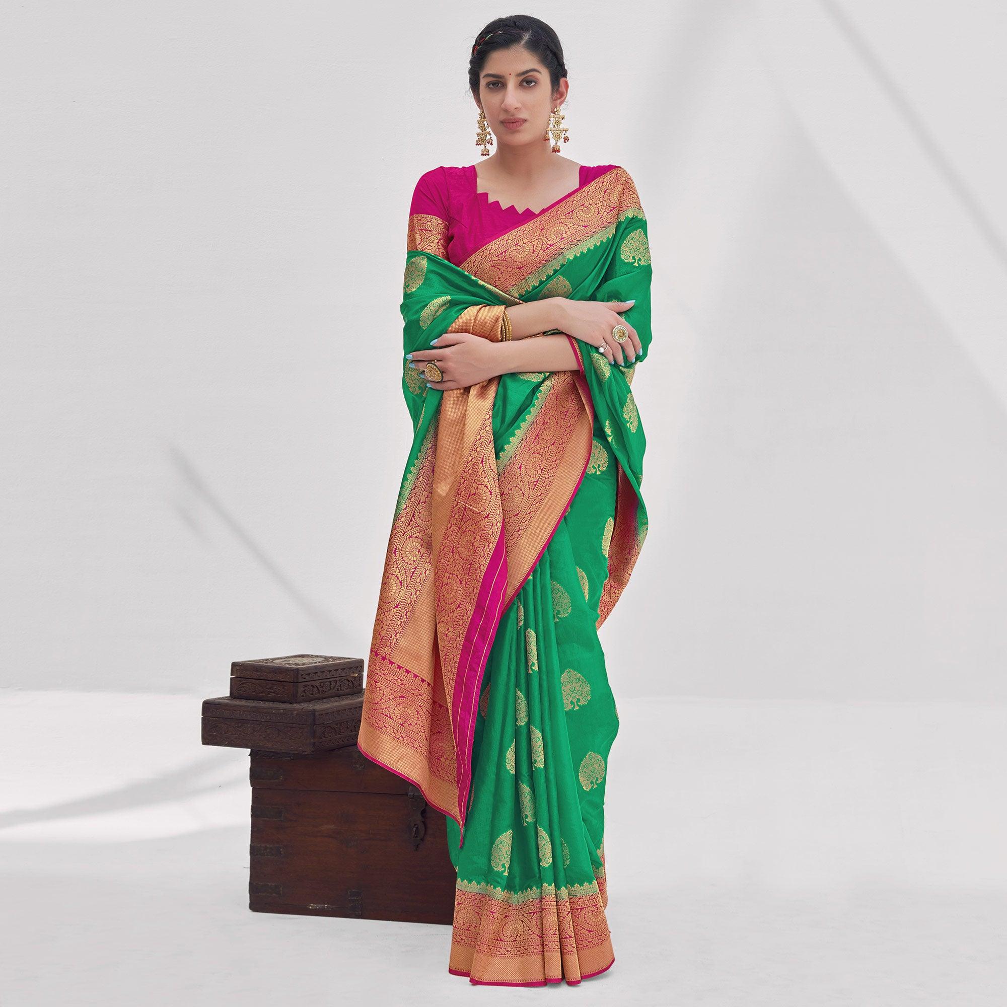 Sea Green Woven Organza Saree - Peachmode