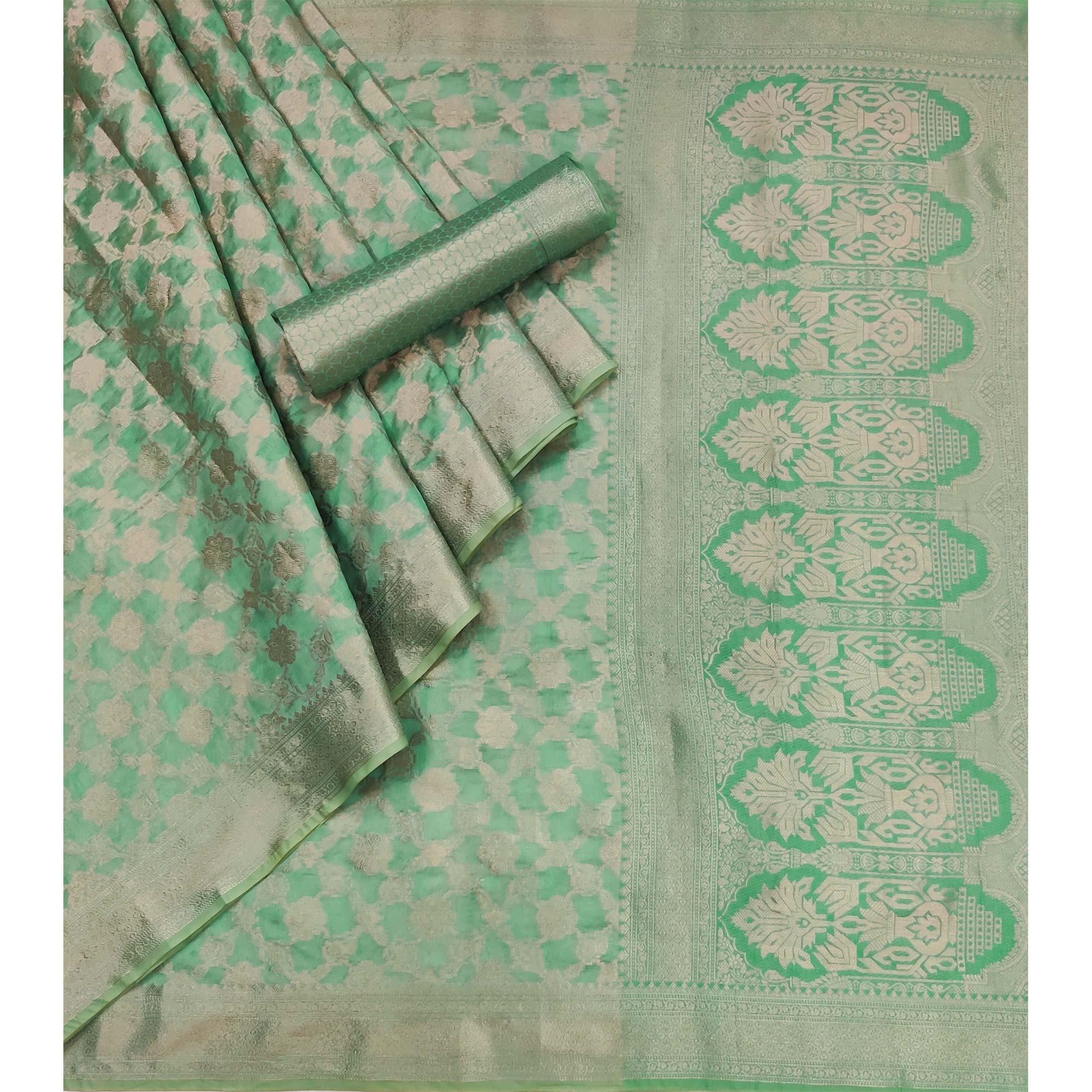 Sea Green Woven Organza Saree - Peachmode