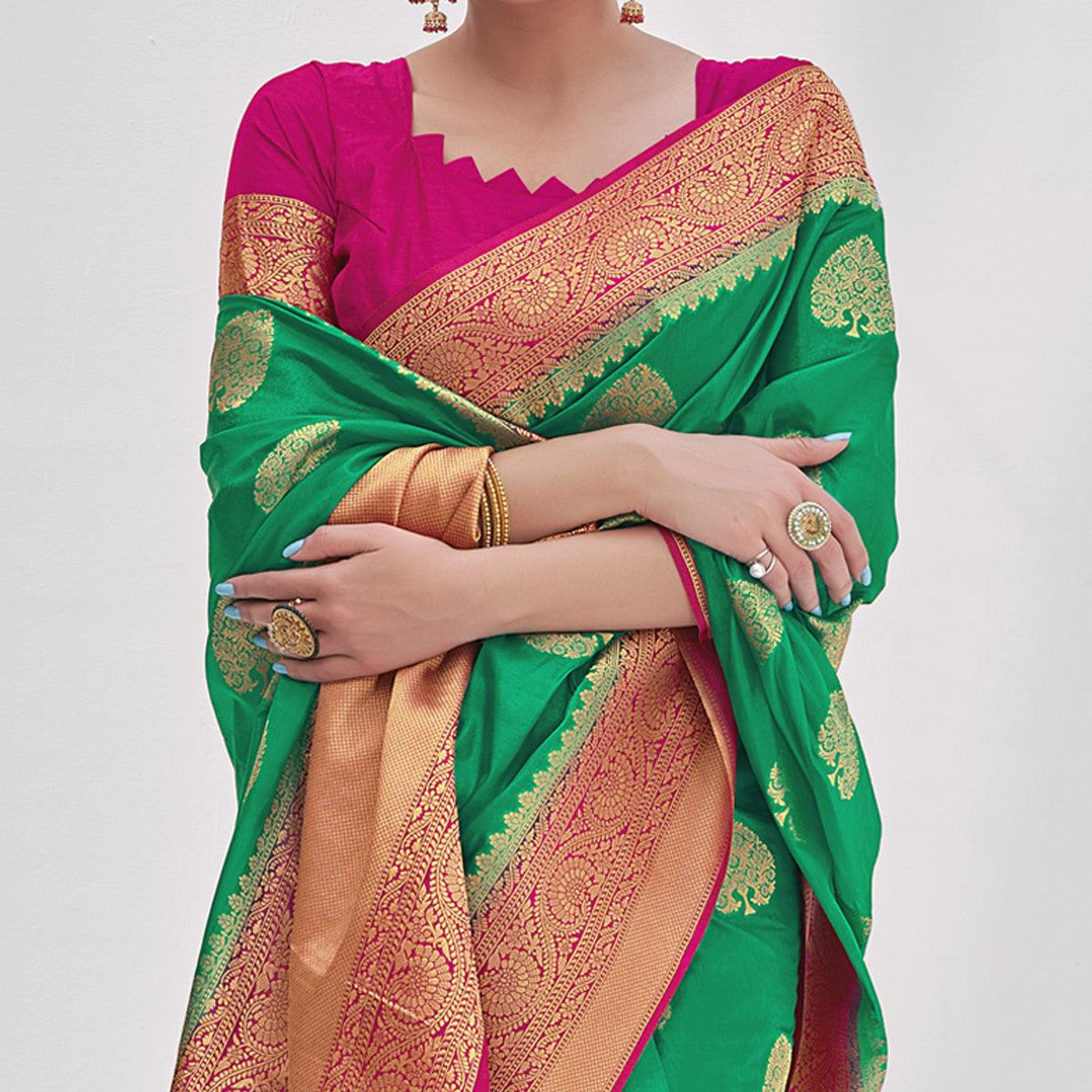 Sea Green Woven Organza Saree - Peachmode