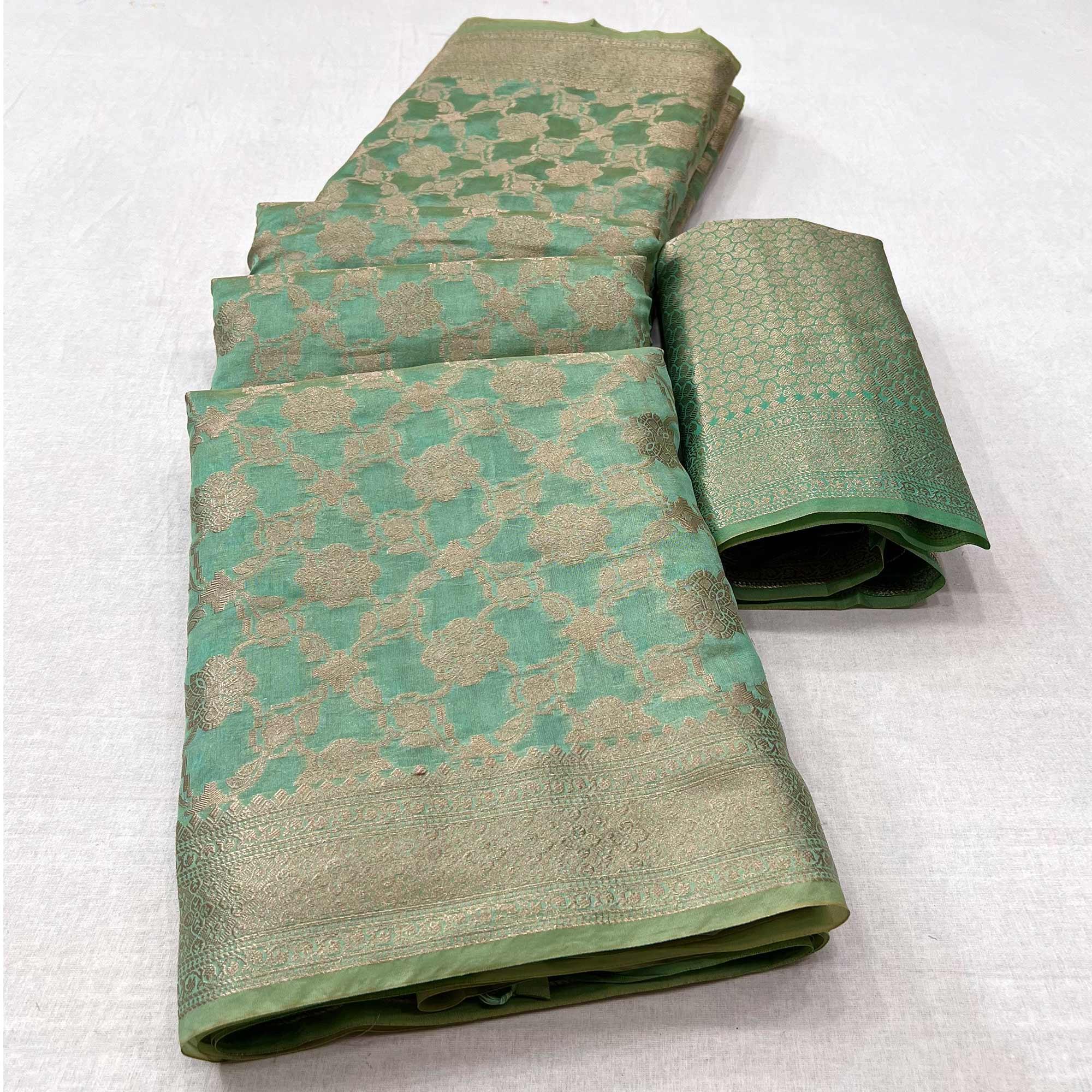 Sea Green Woven Organza Saree - Peachmode