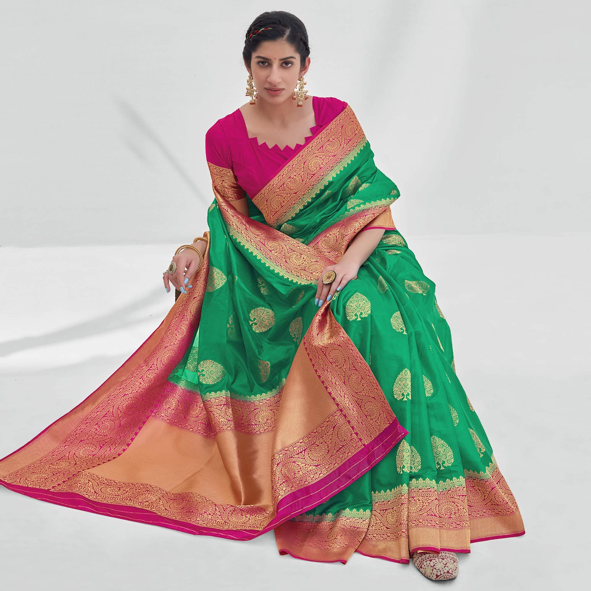 Sea Green Woven Organza Saree - Peachmode