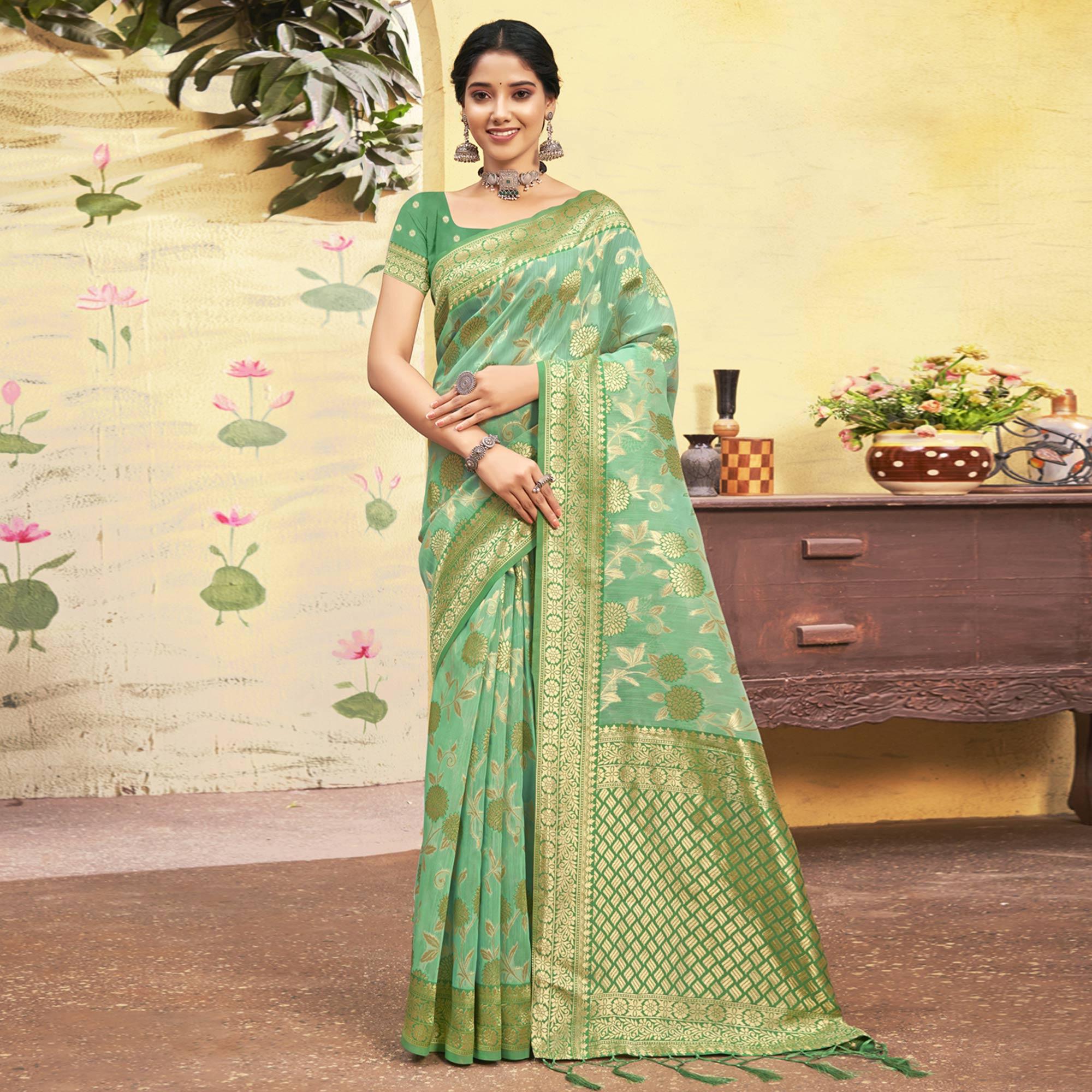 Sea Green Woven Poly Cotton Saree With Tassels - Peachmode
