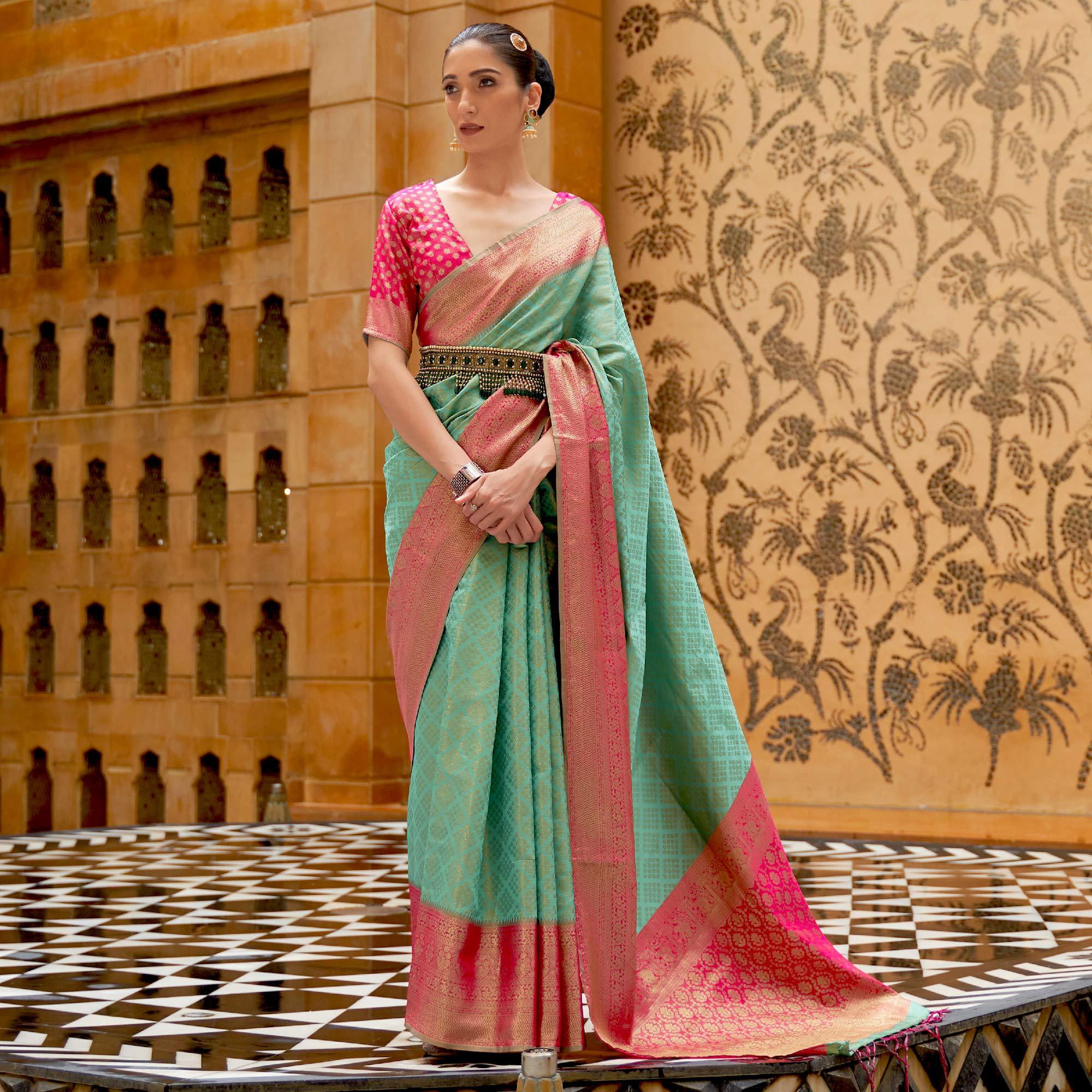 Sea Green Woven Pure Silk Saree With Tassels - Peachmode