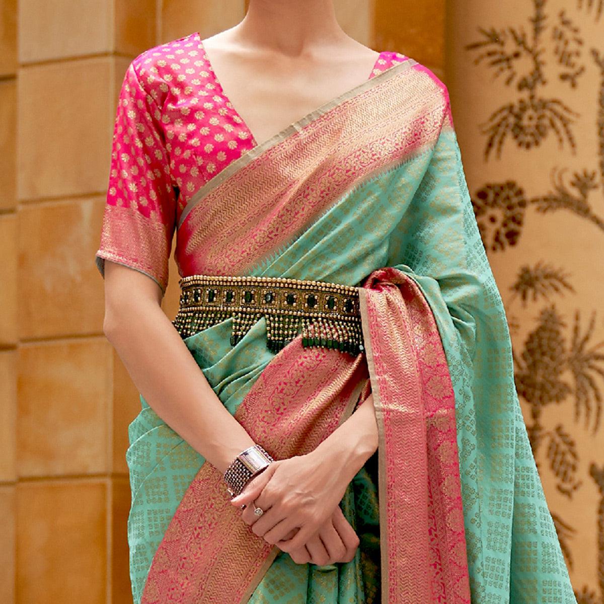 Sea Green Woven Pure Silk Saree With Tassels - Peachmode