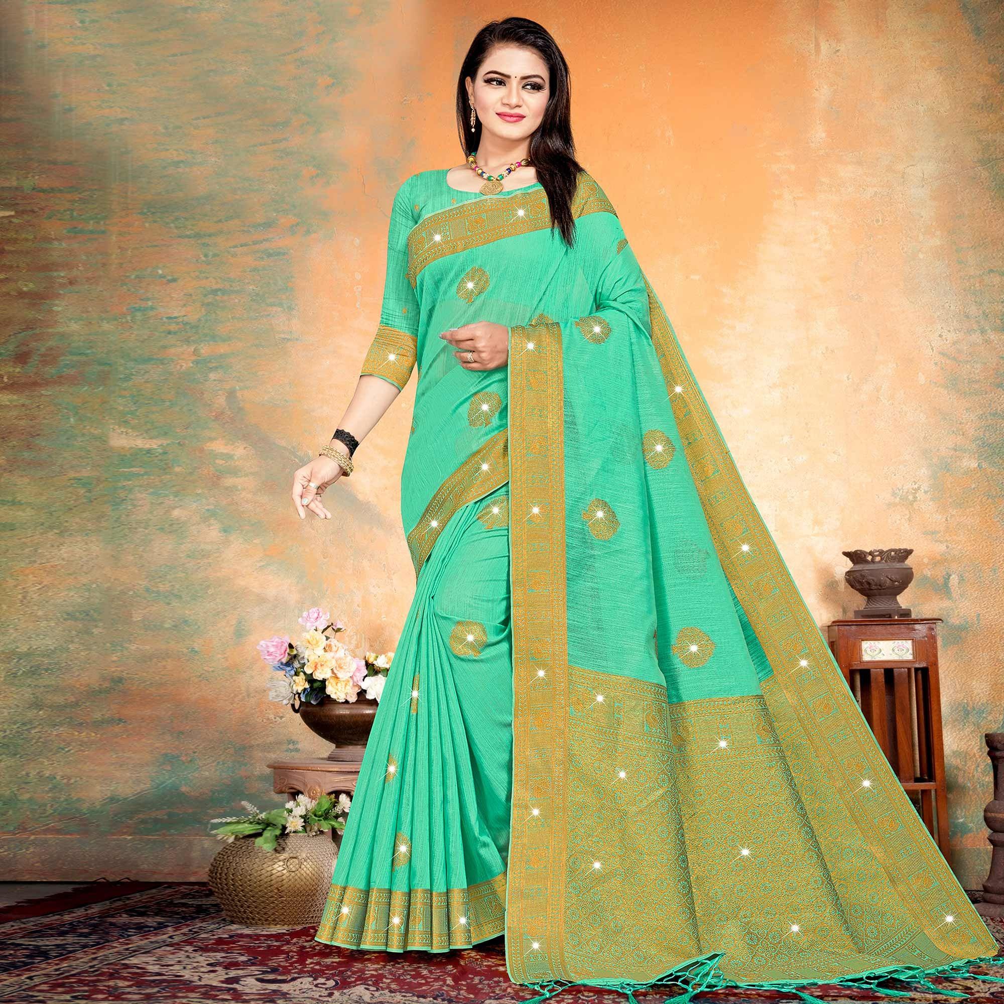 Sea Green Woven With Swarovski Cotton Silk Saree - Peachmode