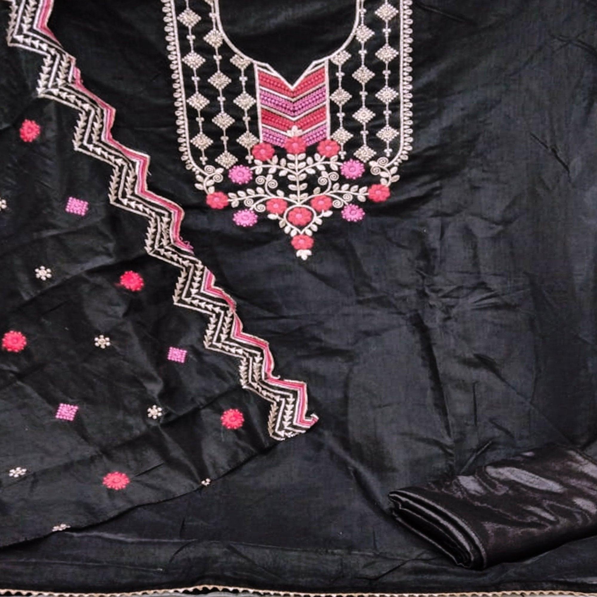 Sensational Black Colored Casual Wear Embroidered Chanderi Dress Material - Peachmode