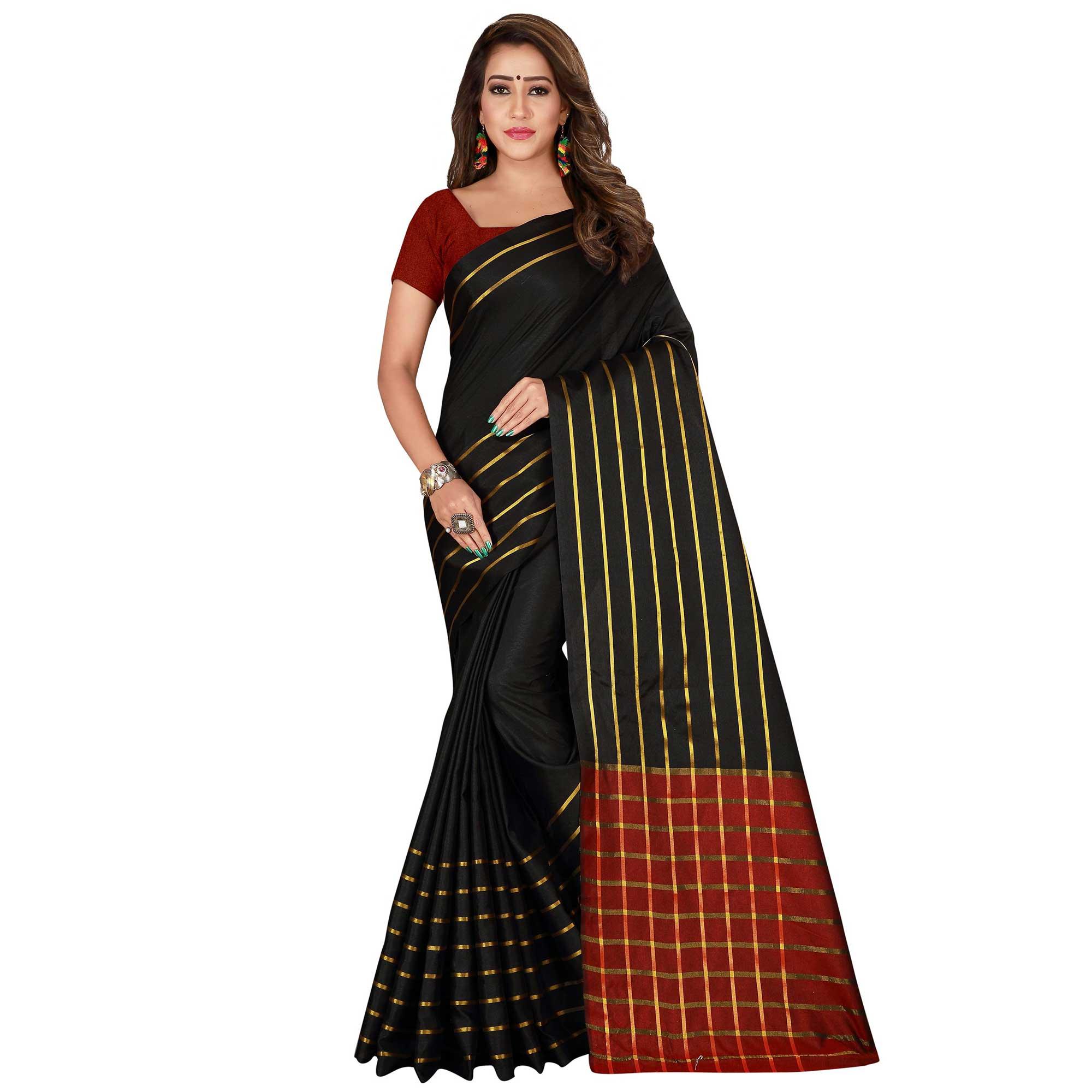 Sensational Black Colored Casual Wear Woven Cotton Silk Saree - Peachmode