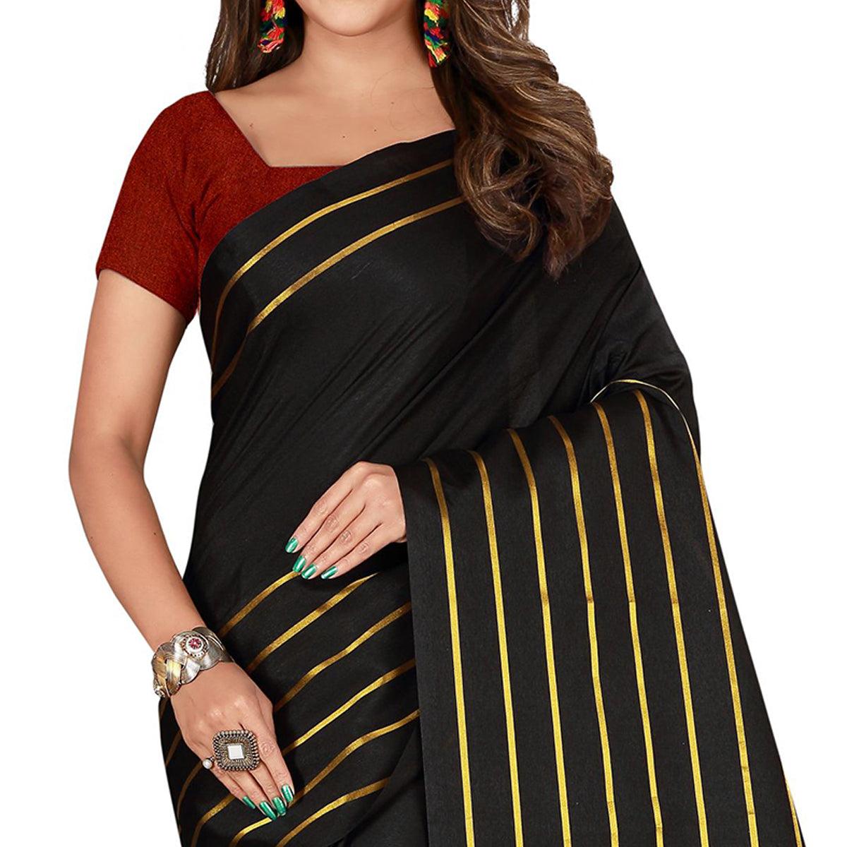 Sensational Black Colored Casual Wear Woven Cotton Silk Saree - Peachmode